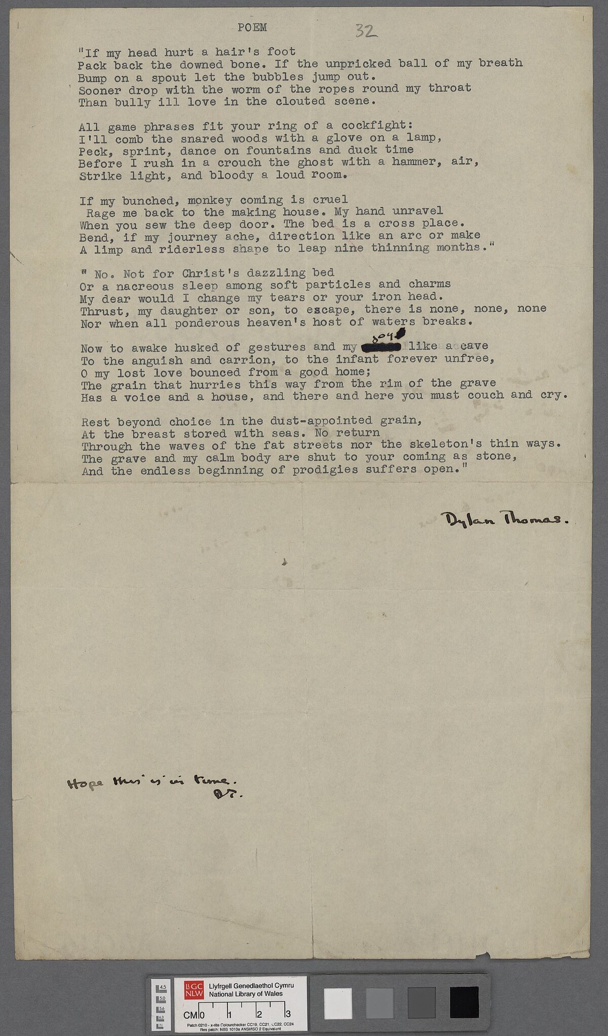 Typescript, with minor changes, of the poem 'If my head hurt a hair's foot' that appeared in the volume The Map of Love (1939).