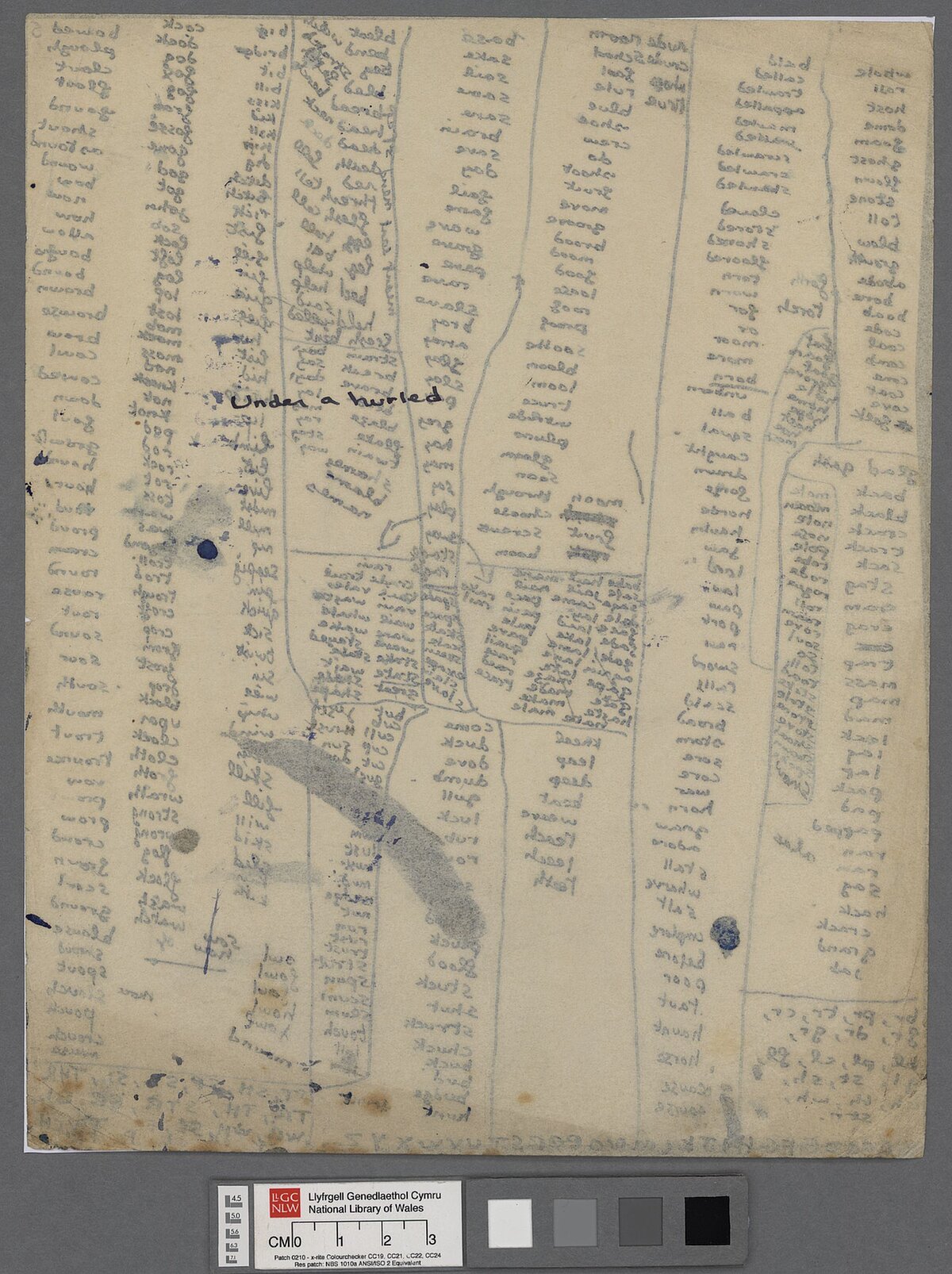 Back of an extensive list of rhyming and assonant words created by Dylan Thomas whilst composing 'Poem on His Birthday'.