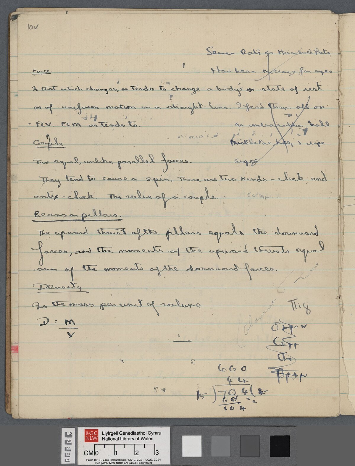Physics notes containing doodles and a rhyme beginning "Sewer rats as household pets...", in Dylan Thomas's hand.