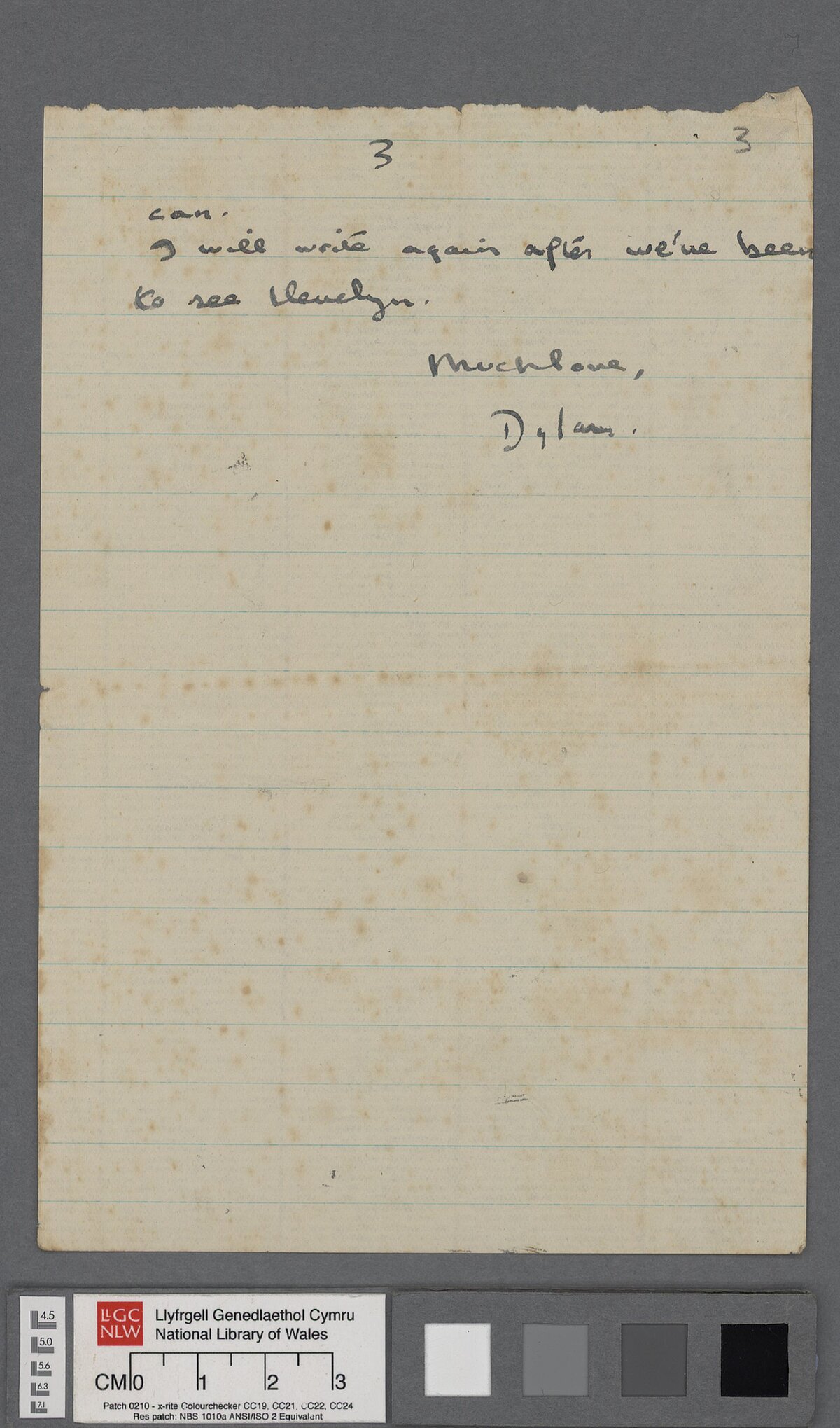 Fifth page of a letter, dated 31 December 1941, from Dylan to his parents D.J. and Florence Thomas. In it, he thanks them for the Christmas presents and mentions his recent work on information films and radio scripts.