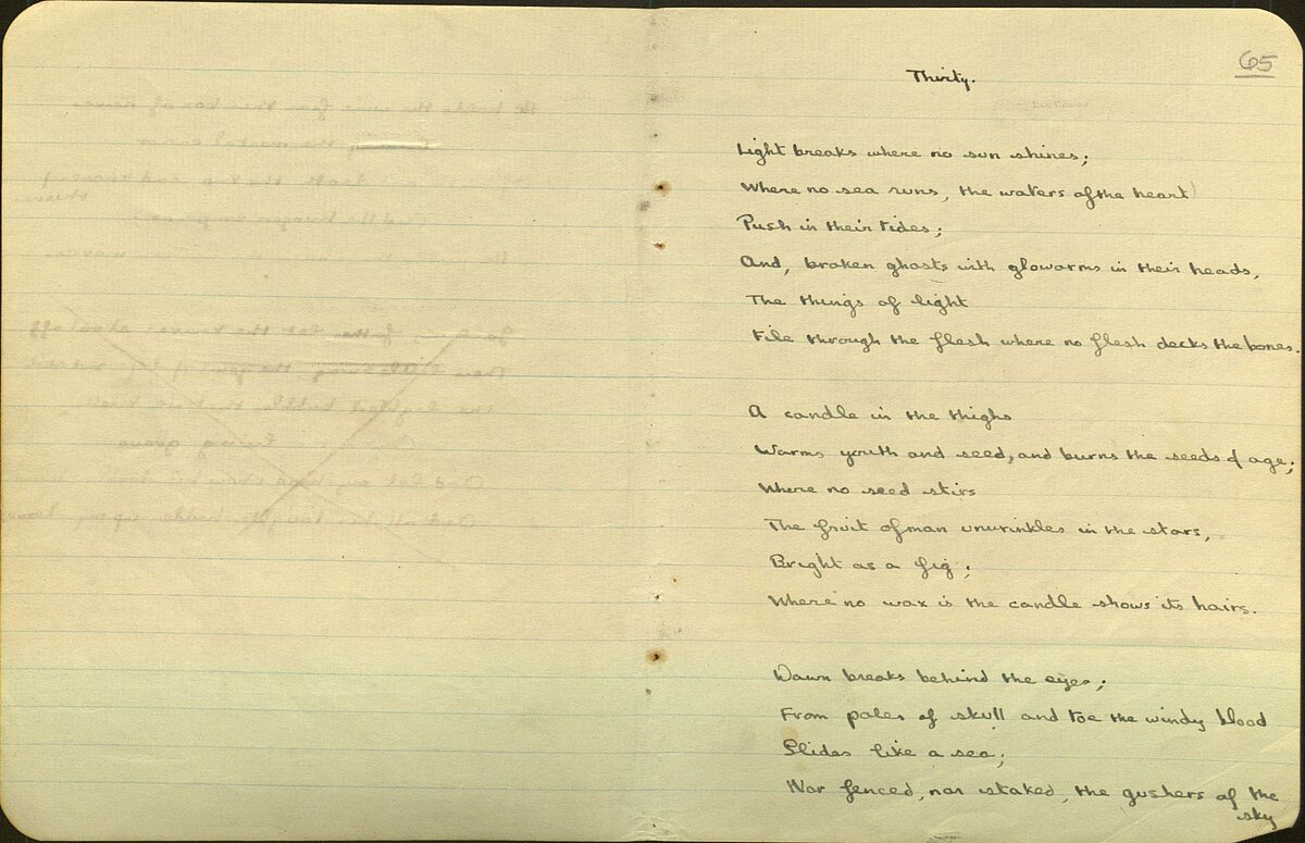 Draft of the poem, 'Light breaks where no sun shines', from the 1934 Notebook.