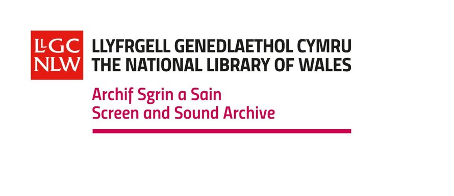A graphic on a white background, featuring a red "LlGC NLW" logo, and the following text, bilingually: The National Library of Wales Screen and Sound Archive."