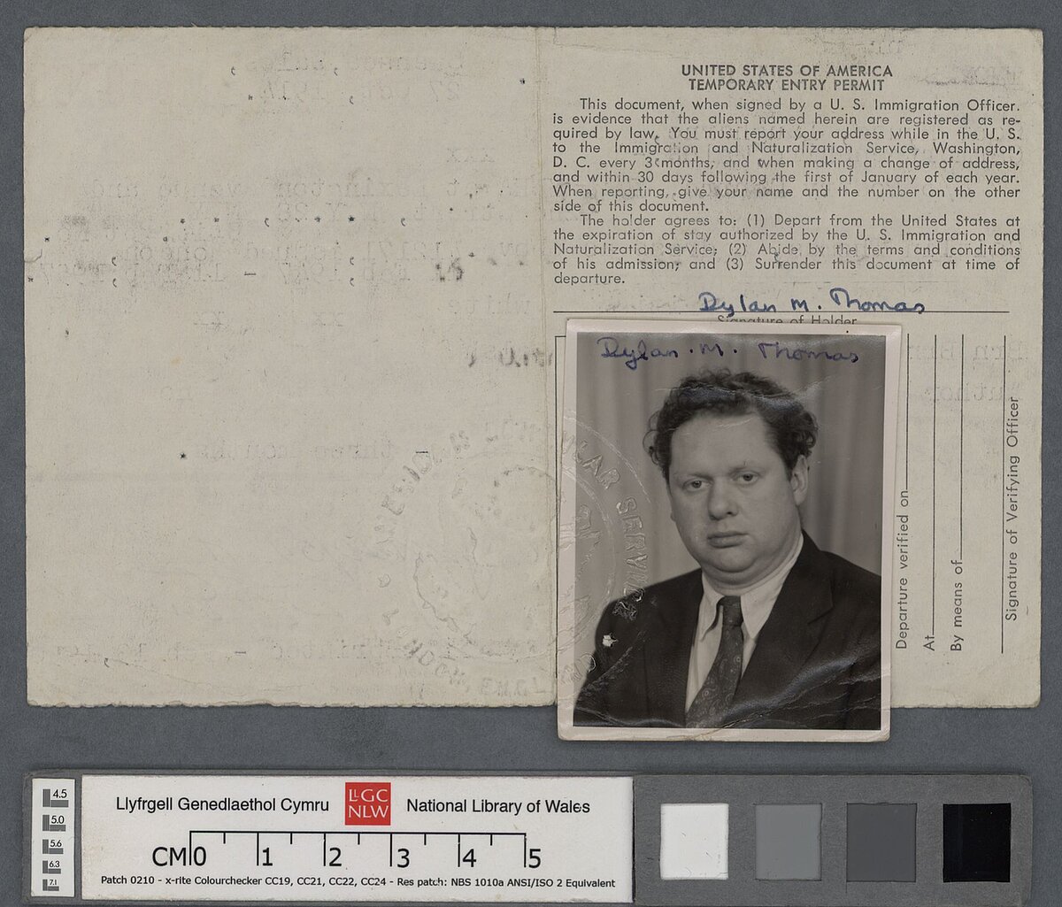 Dylan Thomas' temporary Entry Permit into the USA for his last American tour, dated 20 October 1953, with an identification photograph of Dylan attached.
