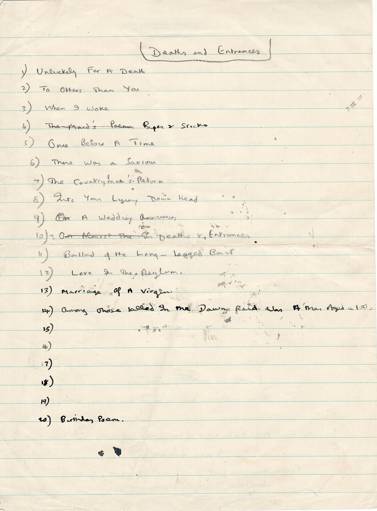 A list of possible poems to include in the volume 'Deaths and Entrances'.