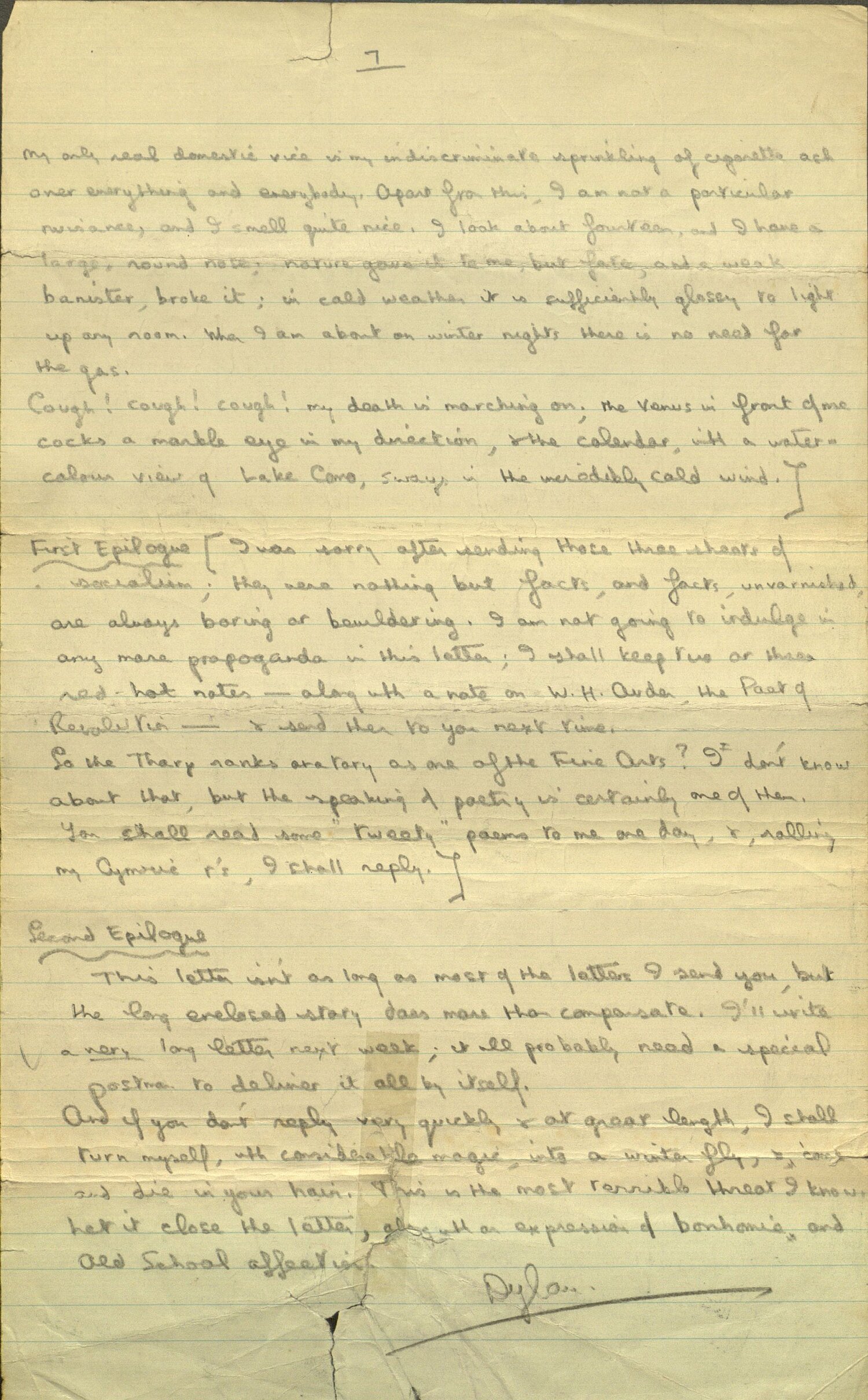 Extract from a letter sent by Dylan Thomas to Pamela Hansford Johnson, 1933/1934.