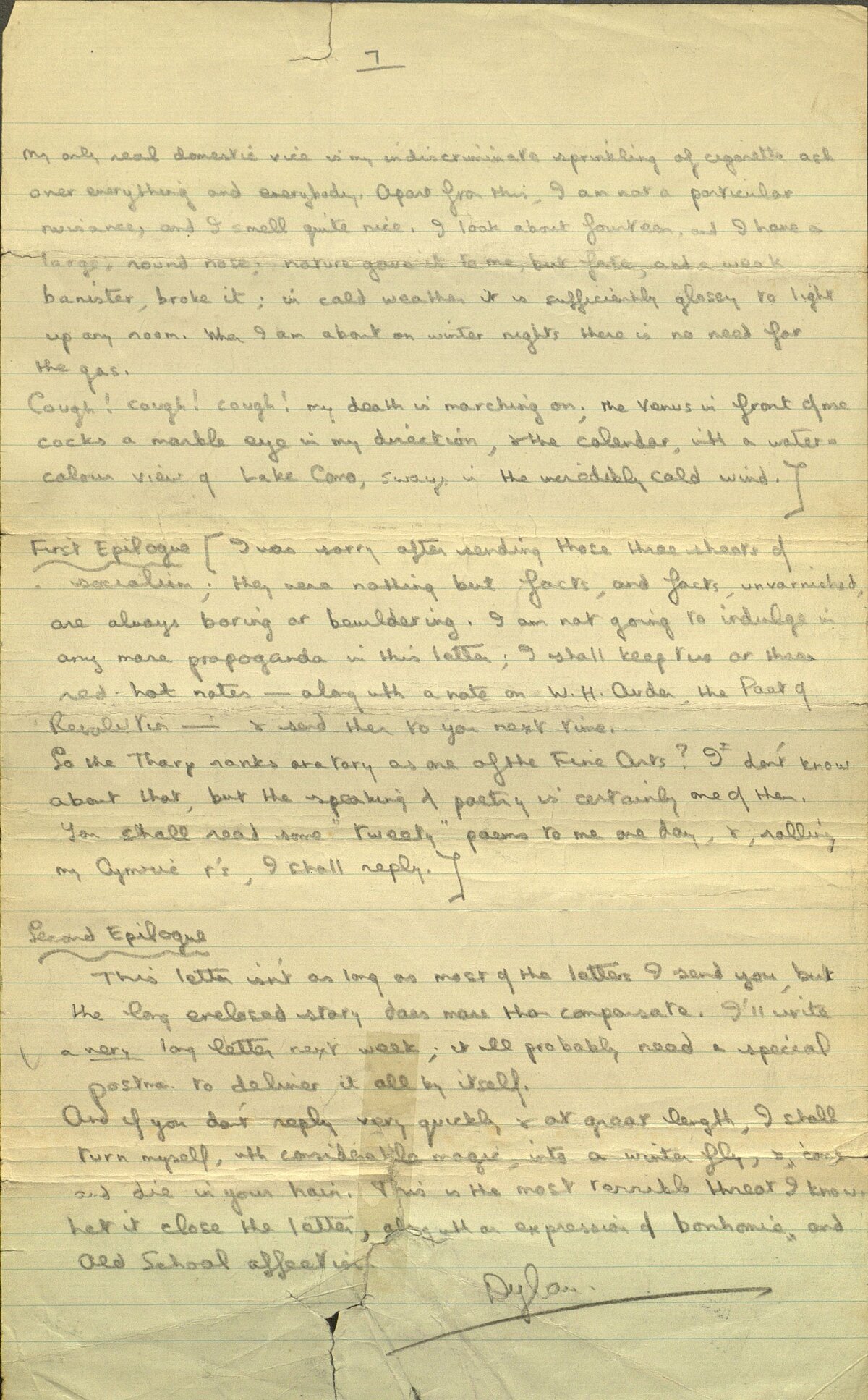 Extract from a letter sent by Dylan Thomas to Pamela Hansford Johnson, 1933/1934.