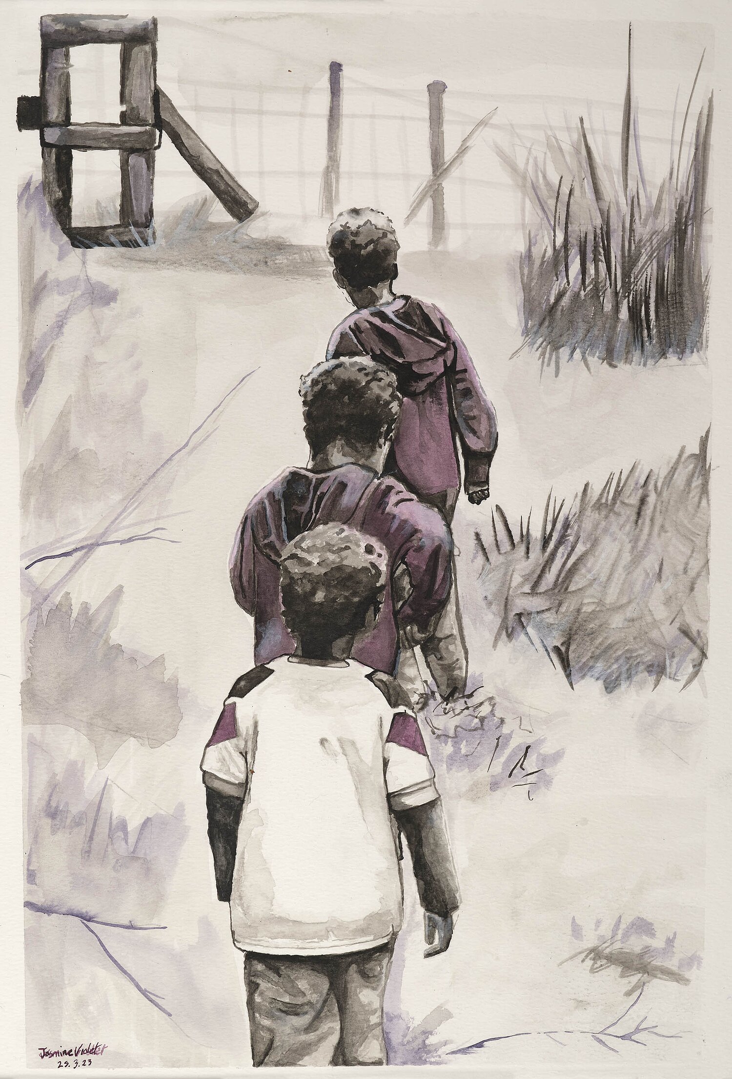 Watercolour of three boys walking through a field 