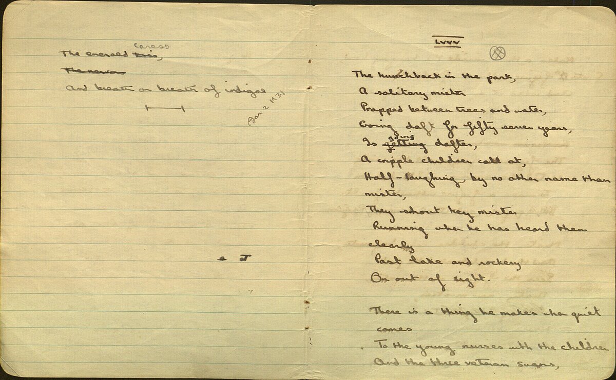 Draft of the poem, 'The Hunchback in the Park', from the 1932 Notebook.