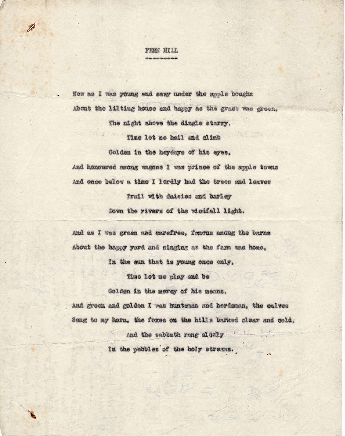 Typescript of 'Fern Hill'.