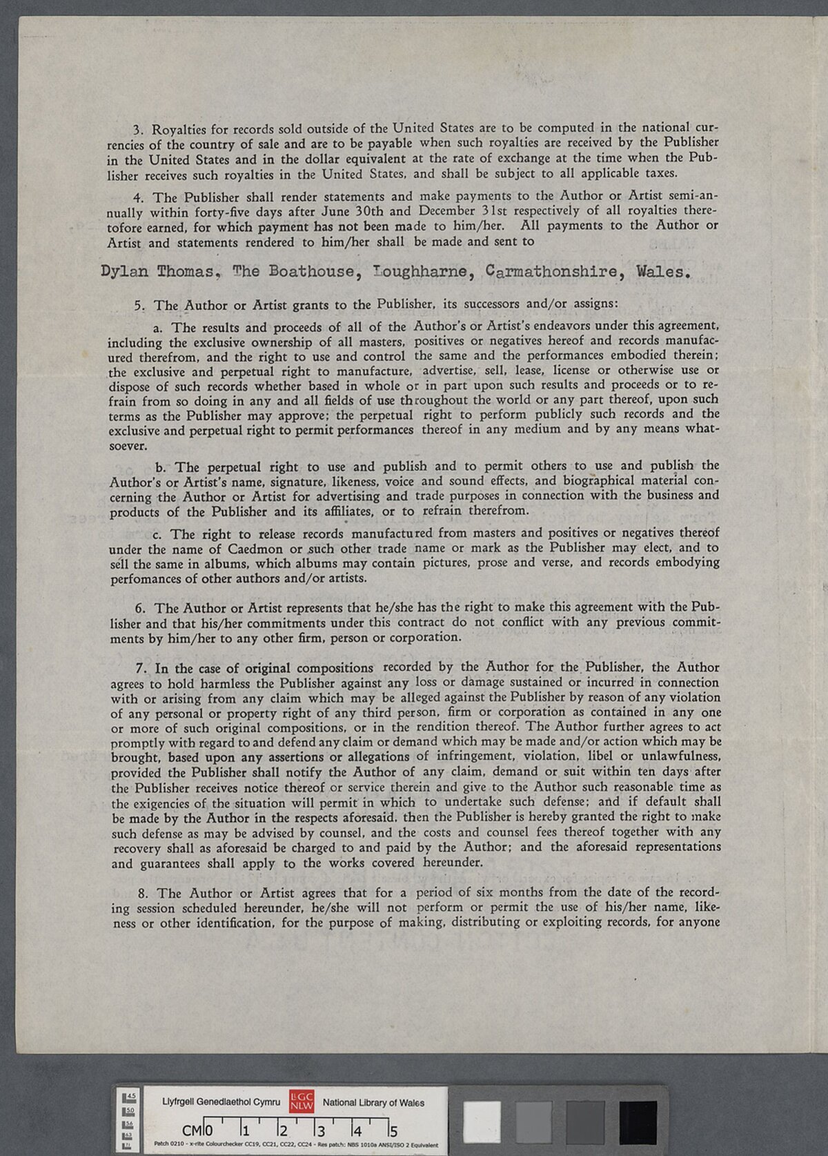 Contract for a recording session for Caedmon Publishers, 17 May 1953, of 'Poetry by Yeats' and 'Poetry and Prose by Dylan Thomas'.