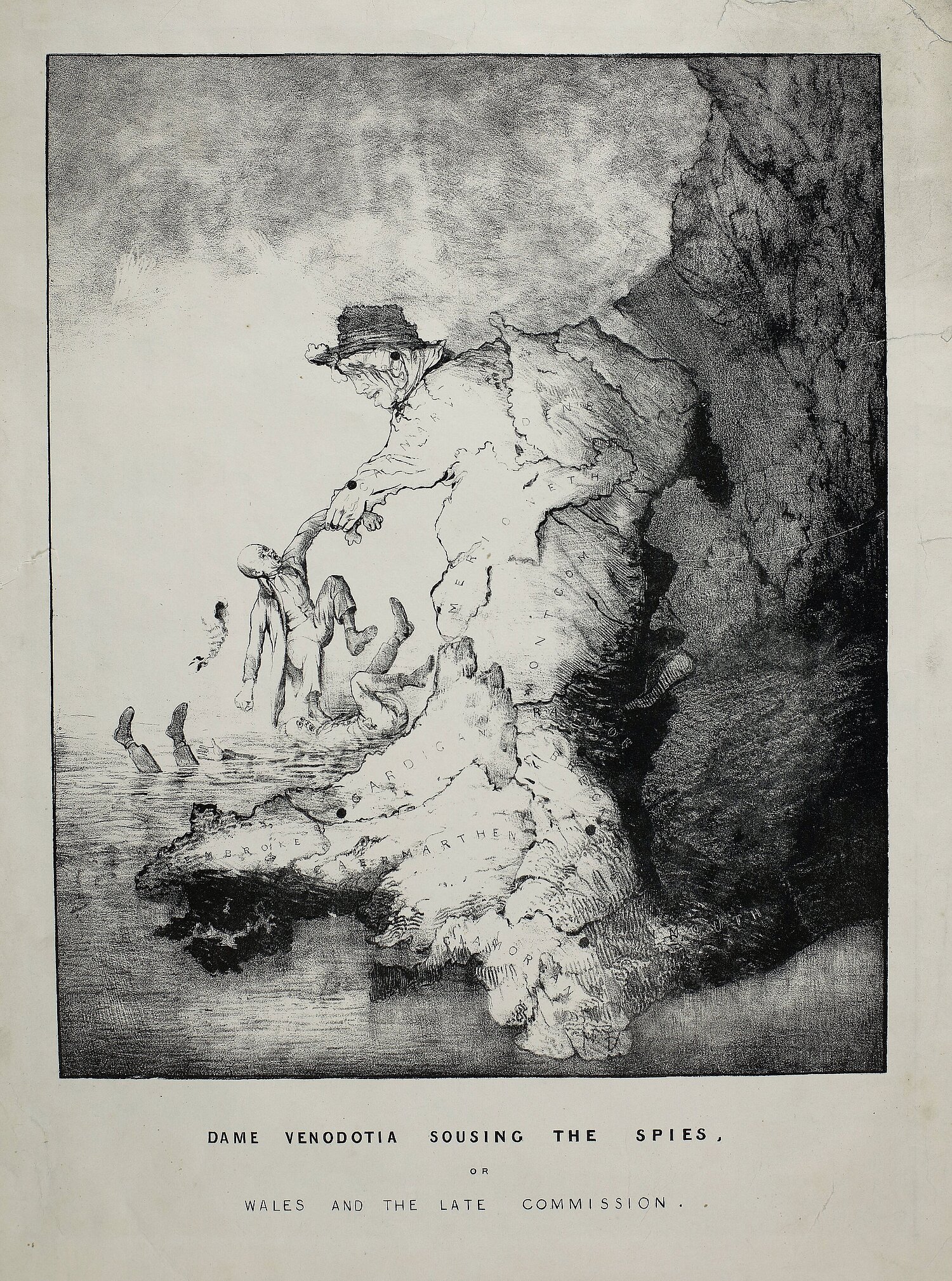 The shape of Wales in the form of a woman in a hat throwing three men into the sea