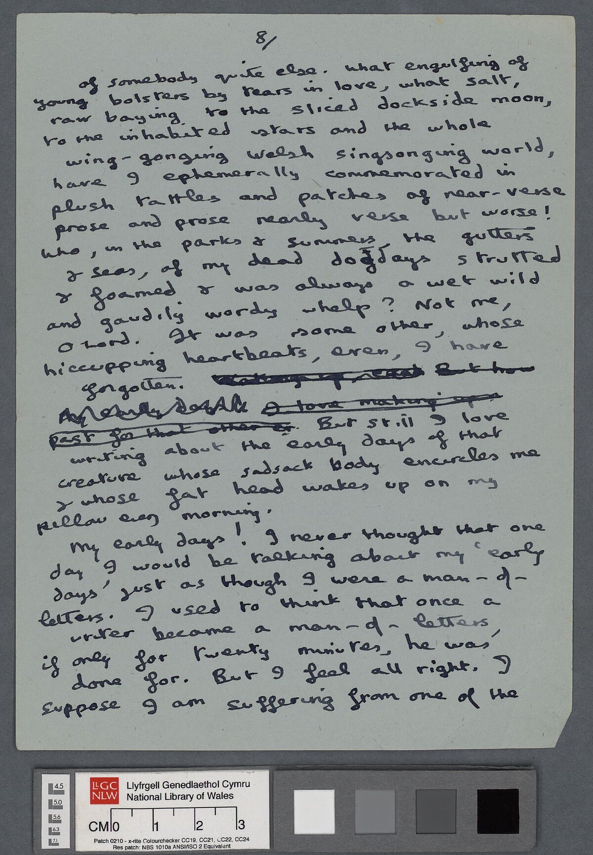 Eighth page of a draft, containing numerous amendments, of an introduction to a poetry reading by Dylan Thomas.