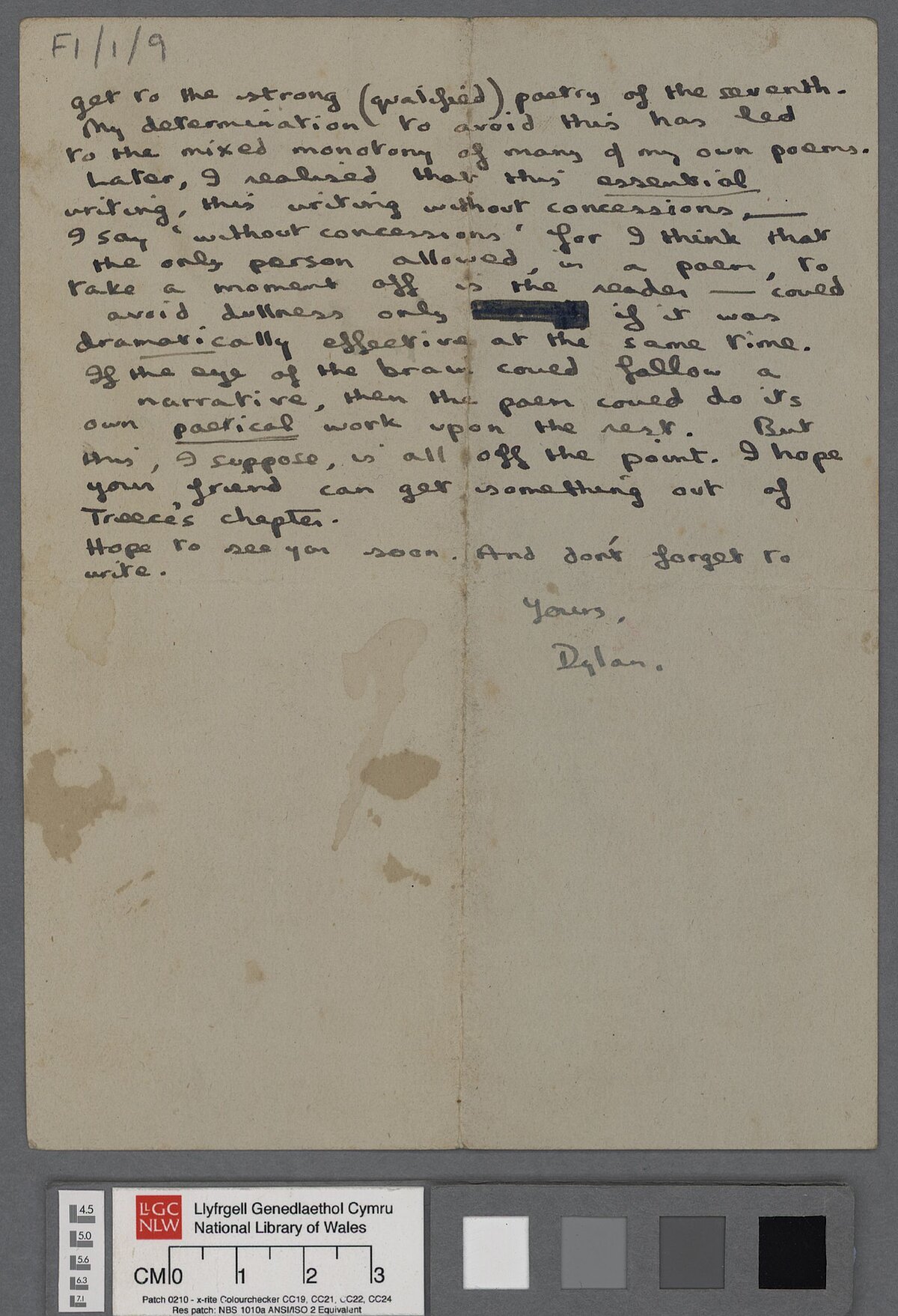 Fourth page of an undated letter, possibly written in January 1939, to Dylan Thomas' former school friend Bob Rees, in which he refers to Swansea, and discusses 'In the direction of the beginning', and the influence of Gerard Manley Hopkins on his writing.