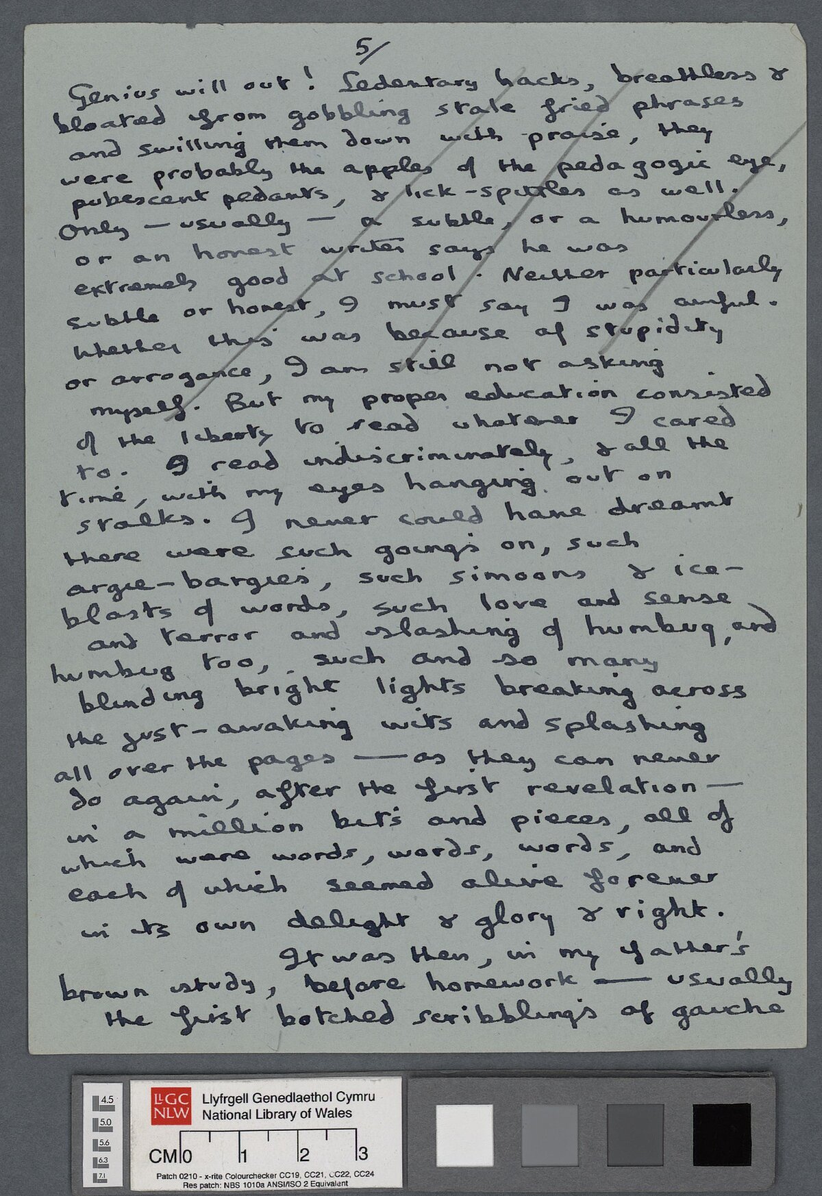 Fifth page of a draft, containing numerous amendments, of an introduction to a poetry reading by Dylan Thomas.