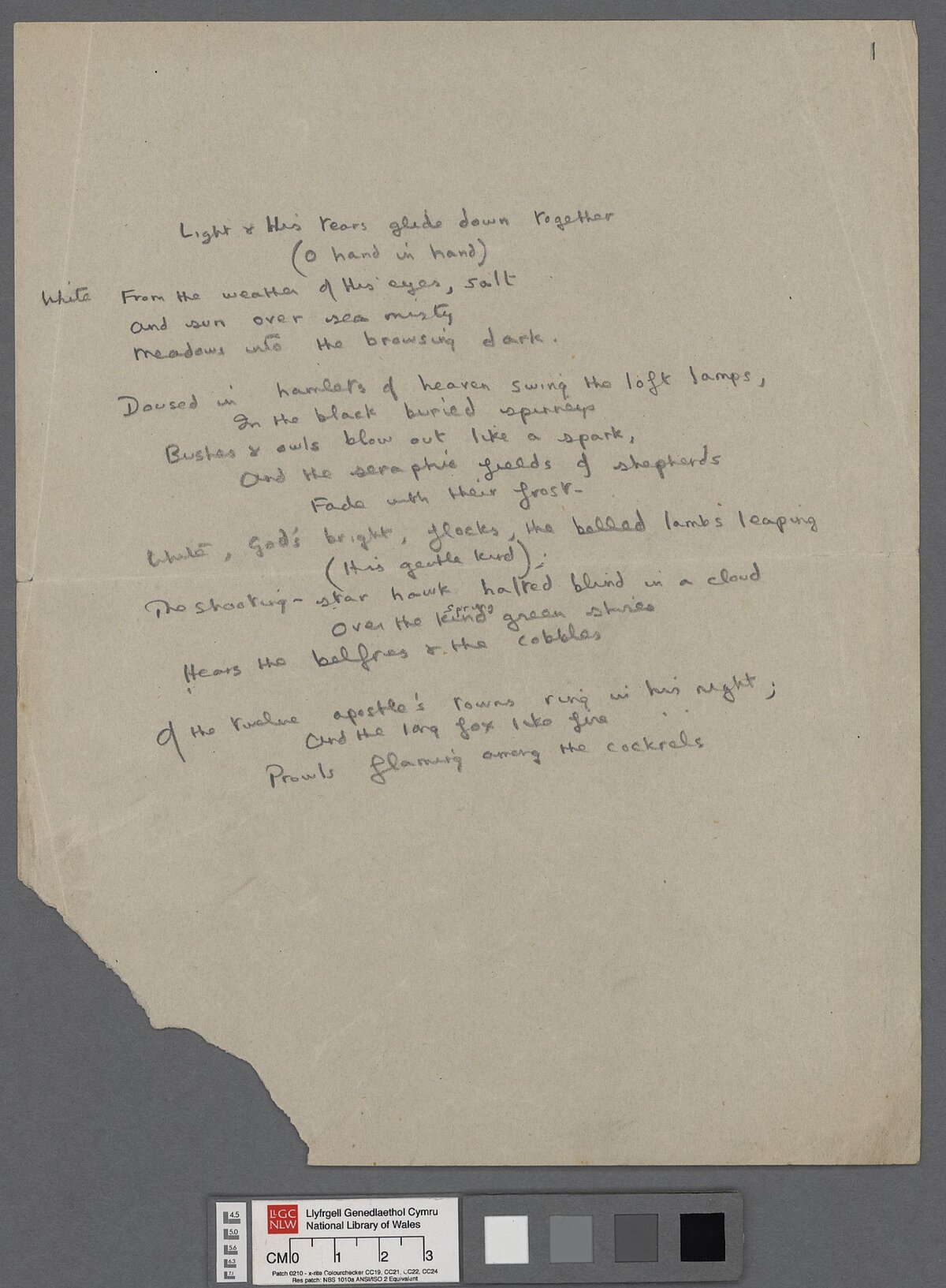 A page of manuscript notes produced by Dylan Thomas whilst composing the unfinished poem, 'In Country Heaven'.