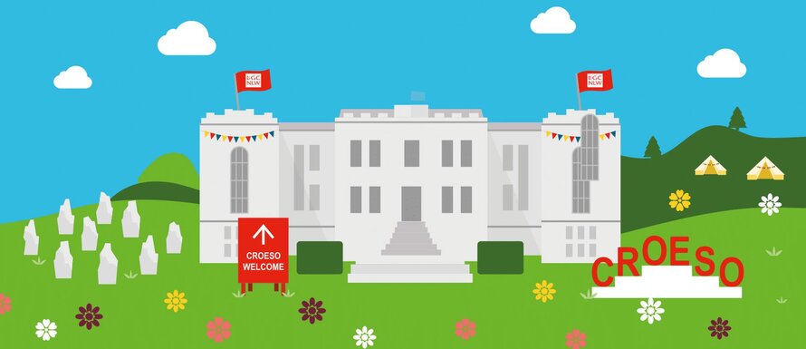 Cartoon graphic of The National Library of Wales at the National Eisteddfod