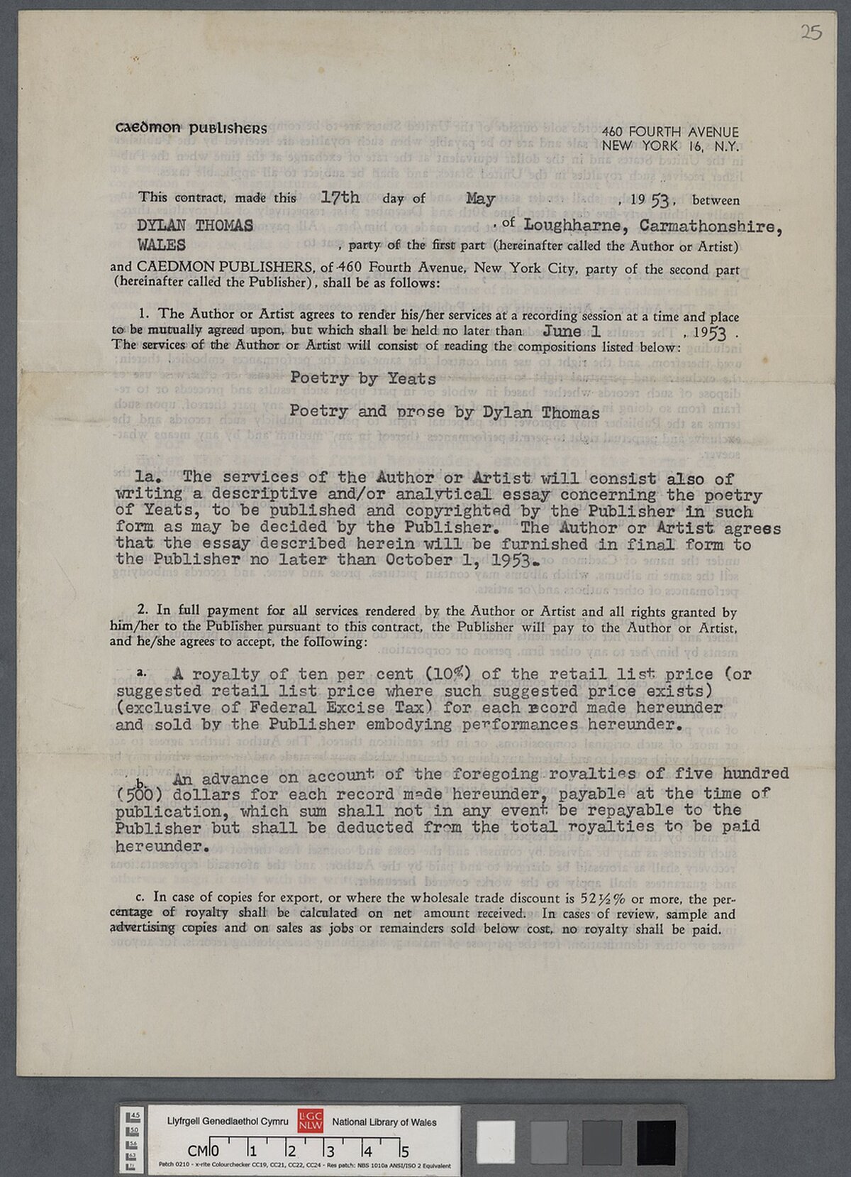Contract for a recording session for Caedmon Publishers, 17 May 1953, of 'Poetry by Yeats' and 'Poetry and Prose by Dylan Thomas'.