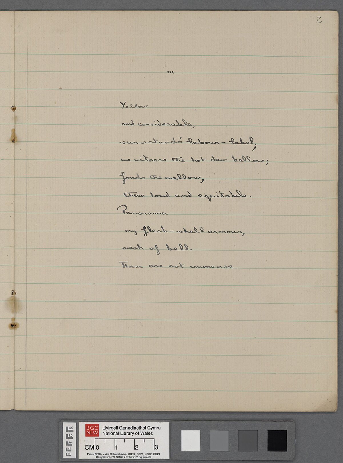 Ruled page of an exercise book containing a stanza by Dylan Thomas. 