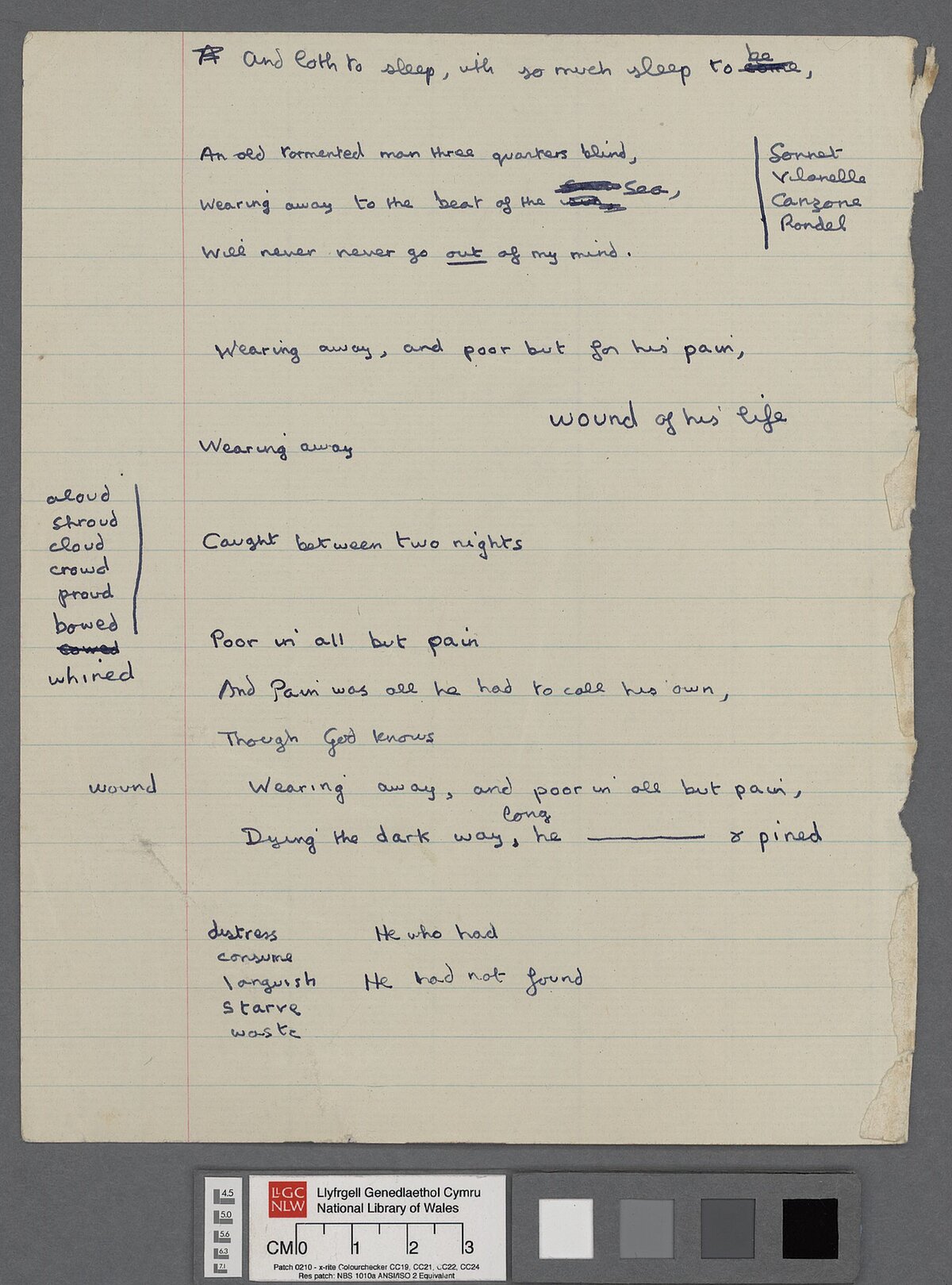 A page of early drafts, including words, phrases, and a list of possible verse forms, written by Dylan Thomas whilst composing the unfinished poem 'Elegy', to his father in 1953.