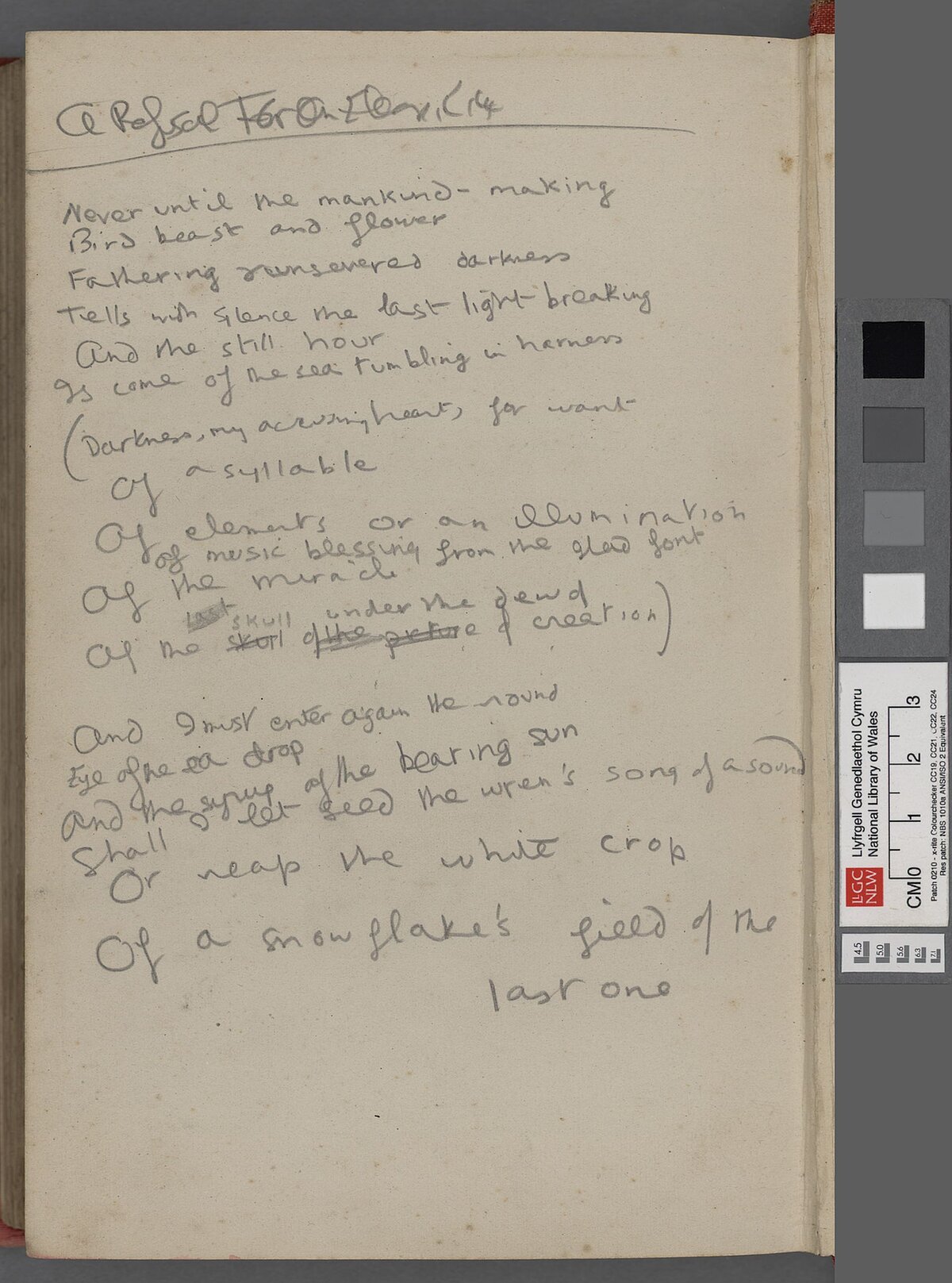 An early draft of the poem 'A Refusal to Mourn the Death, by Fire, of a Child in London' pasted into the back of a copy of the anthology New Road 1944.