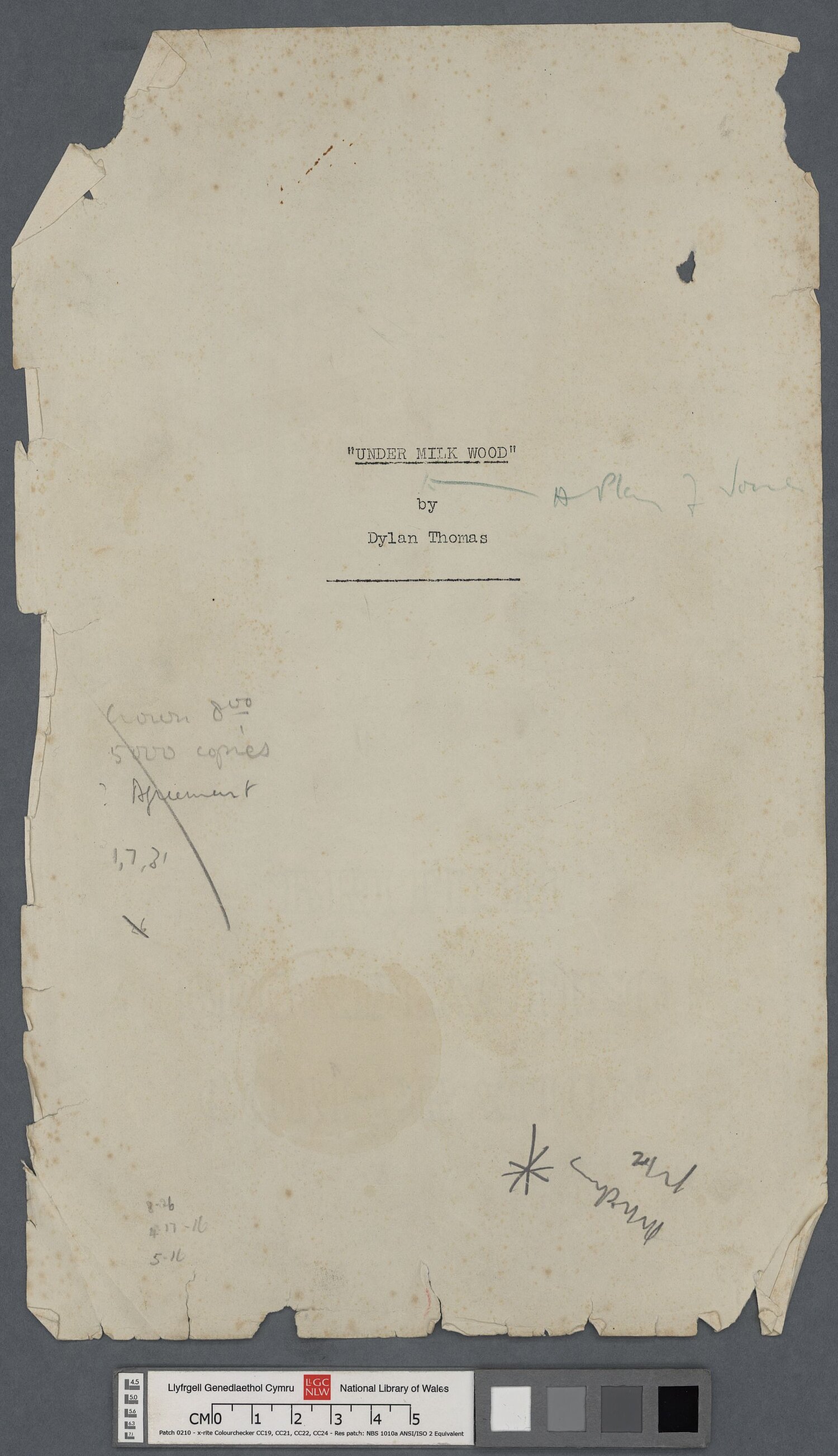 1953 script of Under Milk Wood, with annotations in the hand of both Dylan Thomas and Daniel Jones. The wallet, in which the script was enclosed, is labelled "1 of New York scripts".