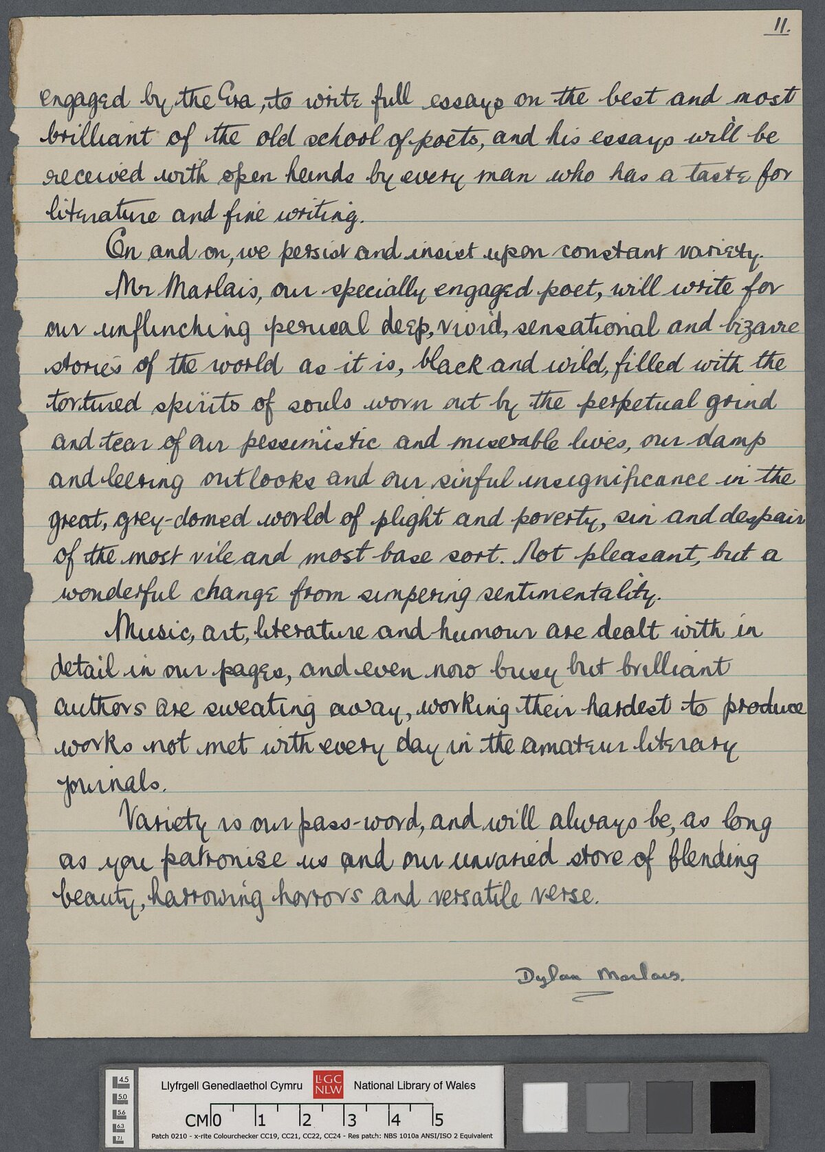 A page from a manuscript of the first and only issue of 'The Era: a literary journal issued six times a year', created jointly by Dylan and Daniel Jones.