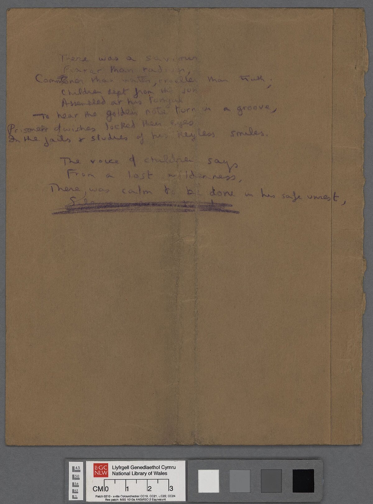 Autograph draft of the first stanza and three lines from the second stanza of the poem, 'There was a Saviour'.
