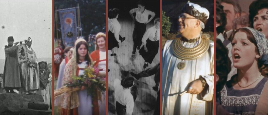 A compilation of still images taken from various films about the Eisteddfod, showing member of the Gorsedd, flower girls, dancers and singers.