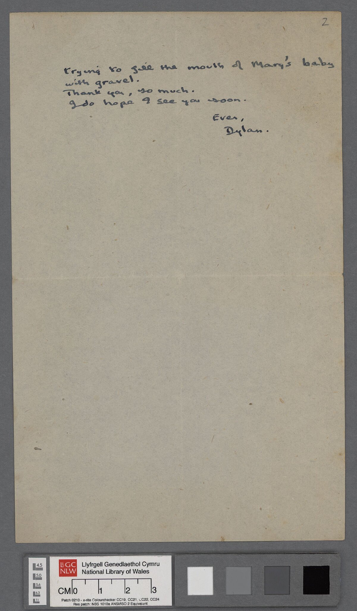 Page two of a letter, dated 5 March 1945, to Augustus John and sent from New Quay. In it Dylan Thomas thanks him for his gift and referrs to Mary Keene who is staying at New Quay.