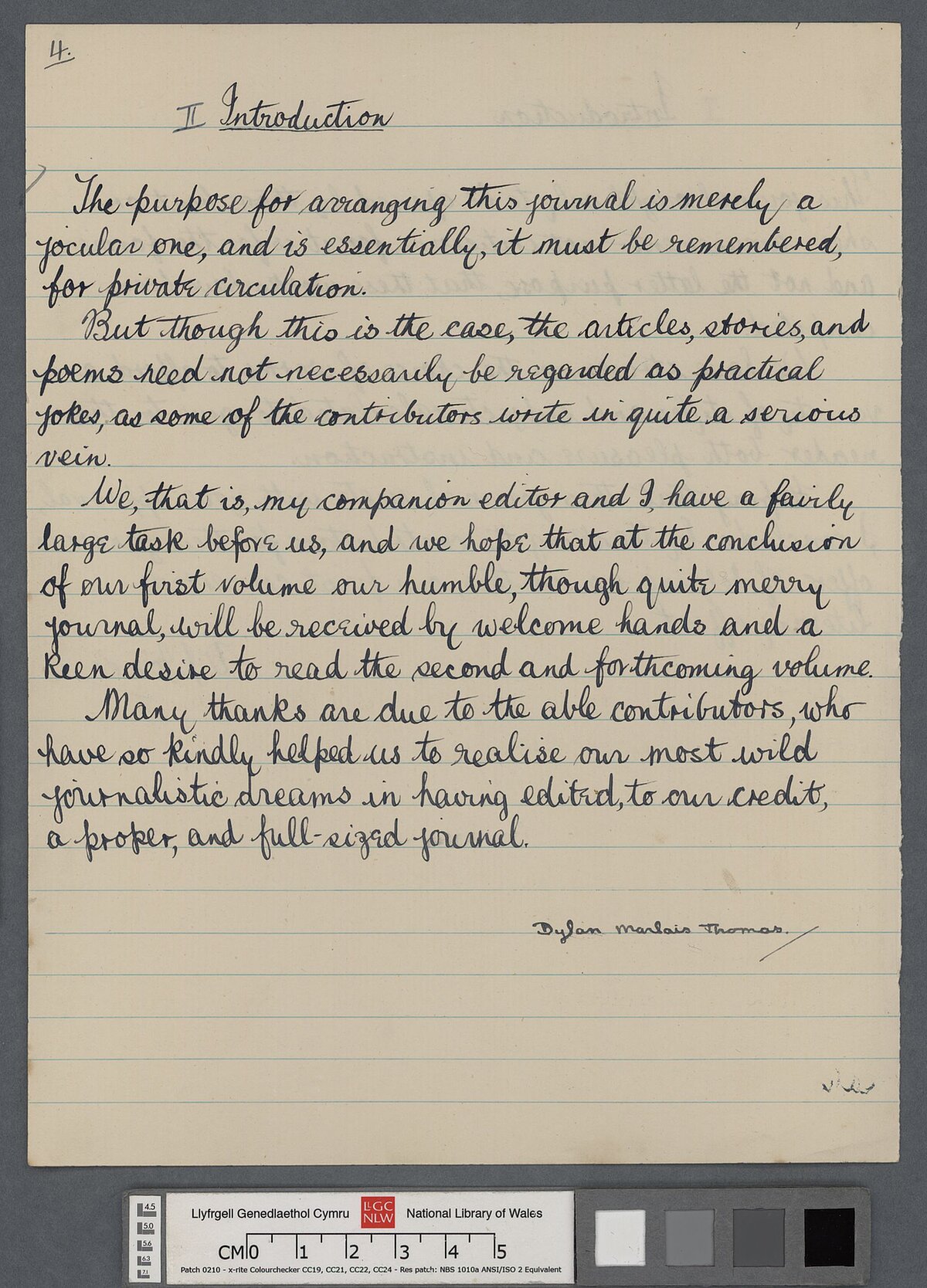 A page from the manuscript of the first and only issue of 'The Era: a literary journal issued six times a year', created jointly by Dylan and Daniel Jones.