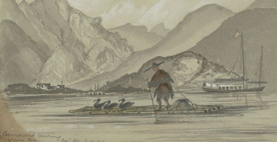 Chinese sketchbook - scene of man fishing from boat