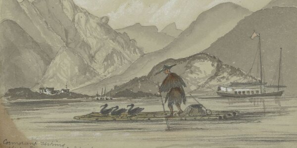 Chinese sketchbook - scene of man fishing from boat