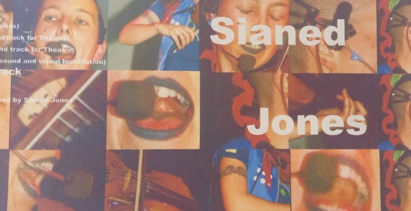 An image from the cover of the album 'Sianed Jones', featuring a background collage of images of Sianed Jones in performance togther with a track list and the title 'Sianed Jones' in white lettering