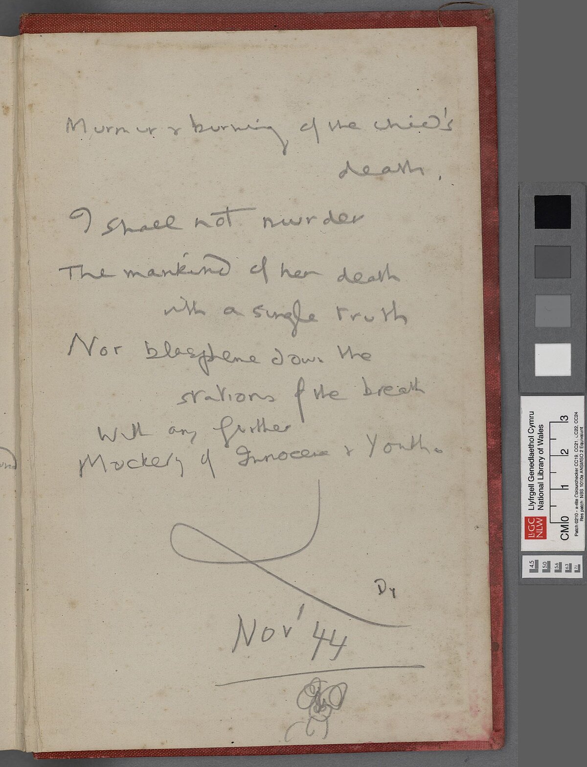 Second part of an early draft of the poem 'A Refusal to Mourn the Death, by Fire, of a Child in London' pasted into the back of a copy of the anthology New Road 1944.