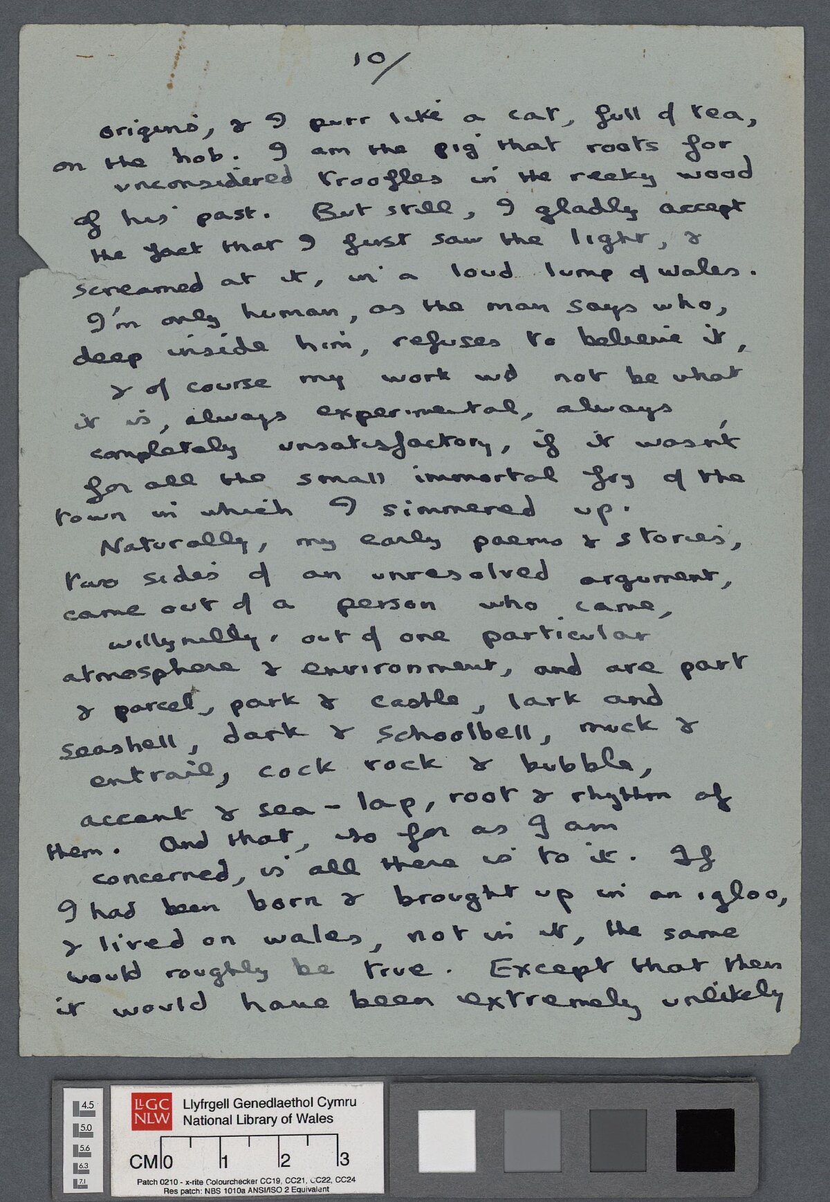 Tenth page of a draft, containing numerous amendments, of an introduction to a poetry reading by Dylan Thomas.