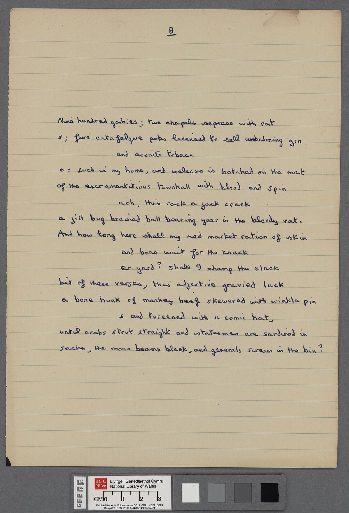 Eighth page of a draft of 'Letter to Loren' (1951), a letter by Dylan Thomas written in verse, and sent to his friend Lloyd Frankenberg and Loren MacIver on his return to Laugharne following his first American tour. This annotated manuscript appears to be a final draft.