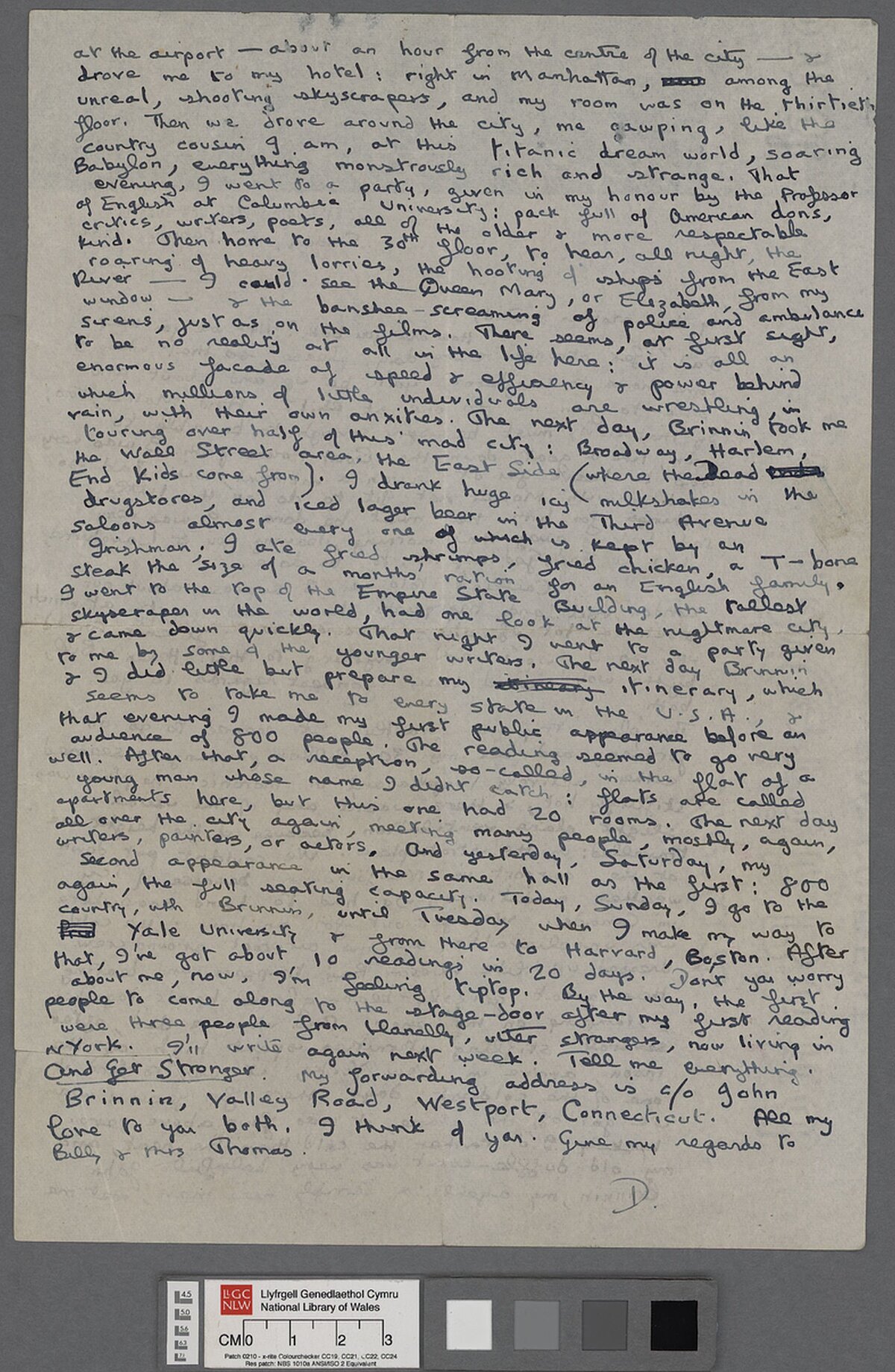 Page two of a letter from Dylan Thomas to his parents, sent from New York on 26 February 1950, during his first tour of America.