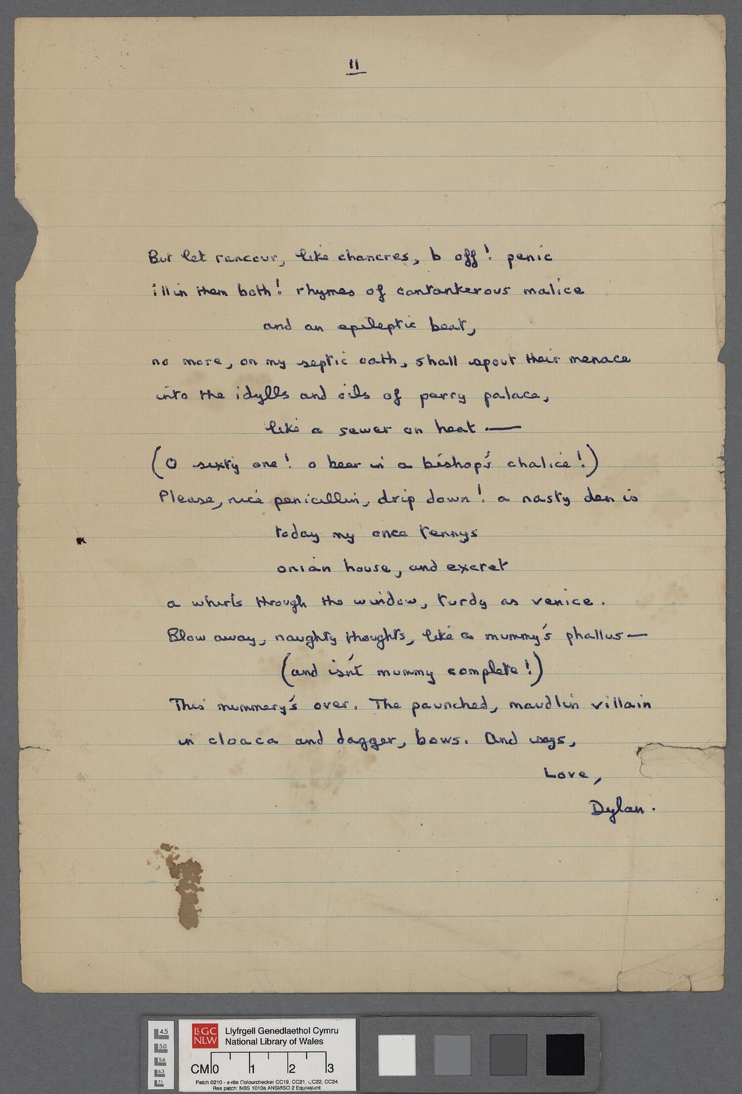 Eleventh page of a draft of 'Letter to Loren' (1951), a letter by Dylan Thomas written in verse, and sent to his friend Lloyd Frankenberg and Loren MacIver on his return to Laugharne following his first American tour. This annotated manuscript appears to be a final draft.