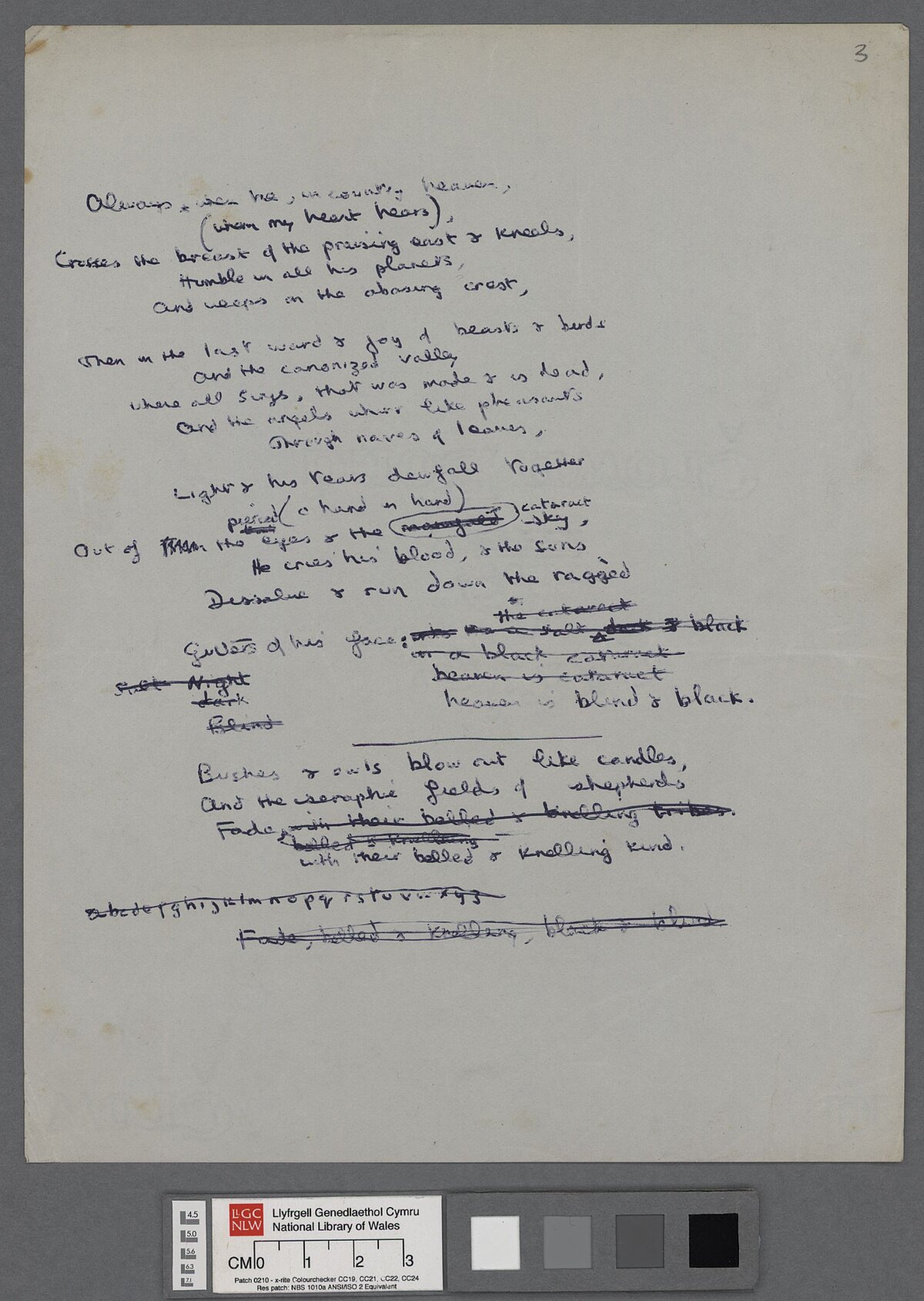 Manuscript notes produced by Dylan Thomas whilst composing the unfinished poem, 'In Country Heaven'.