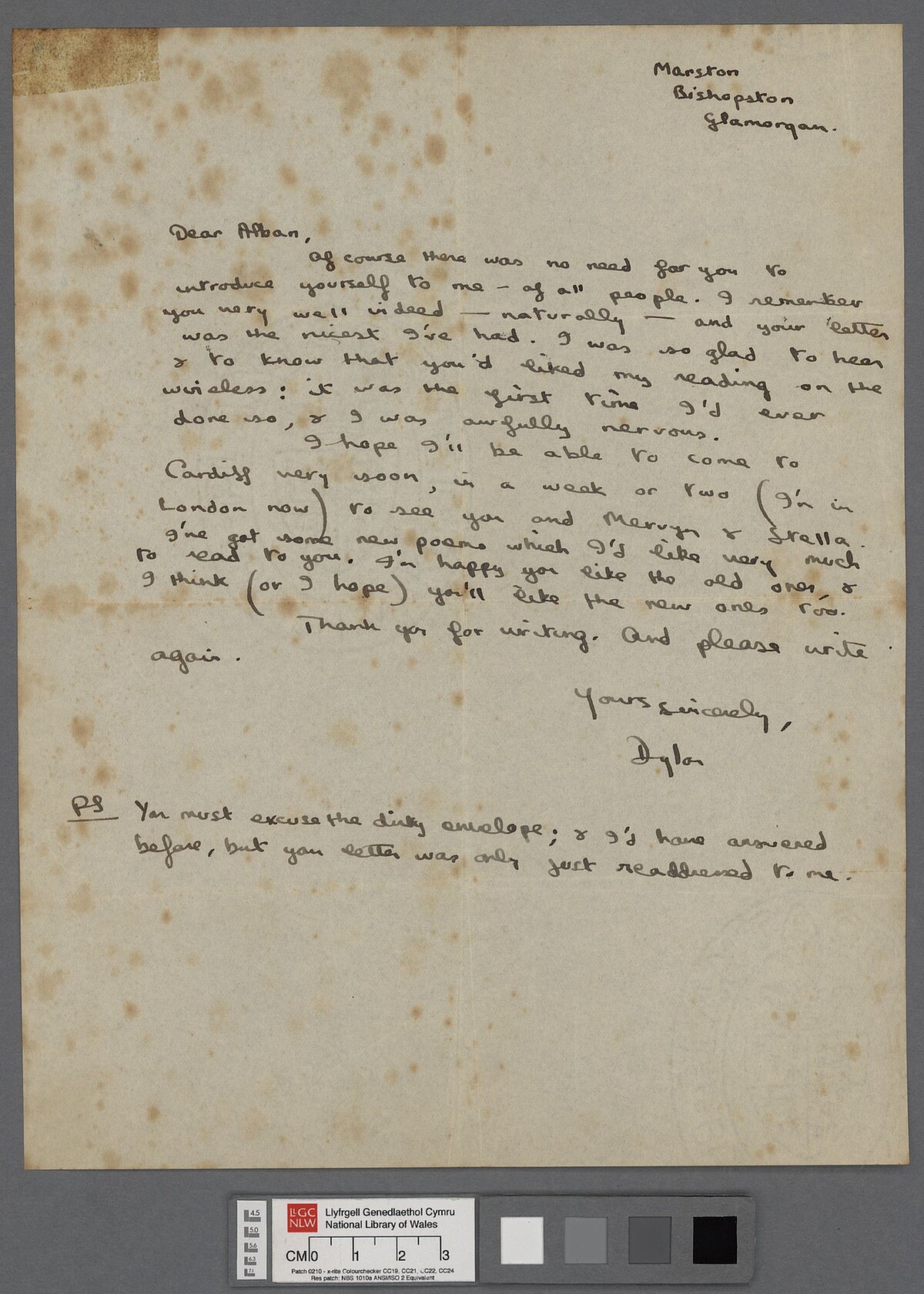 A letter written in April 1937 to Alban Levy in response to the latter's letter following Dylan's first radio broadcast, 'Life and the Modern Poet'.