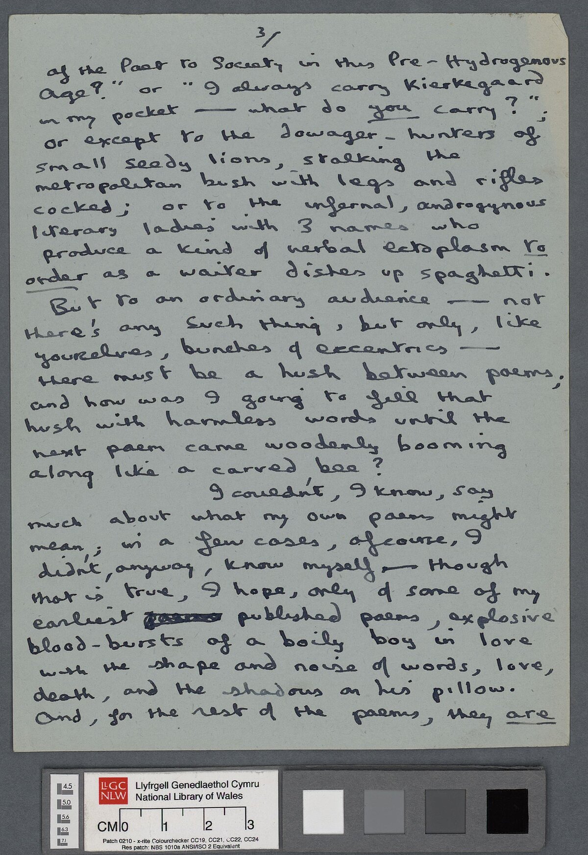 Third page of a draft, containing numerous amendments, of an introduction to a poetry reading by Dylan Thomas.