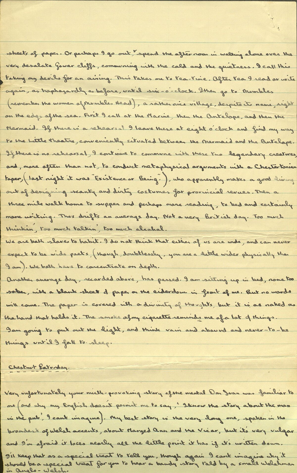 Extract from a letter sent by Dylan Thomas to Pamela Hansford Johnson, early January 1934.
