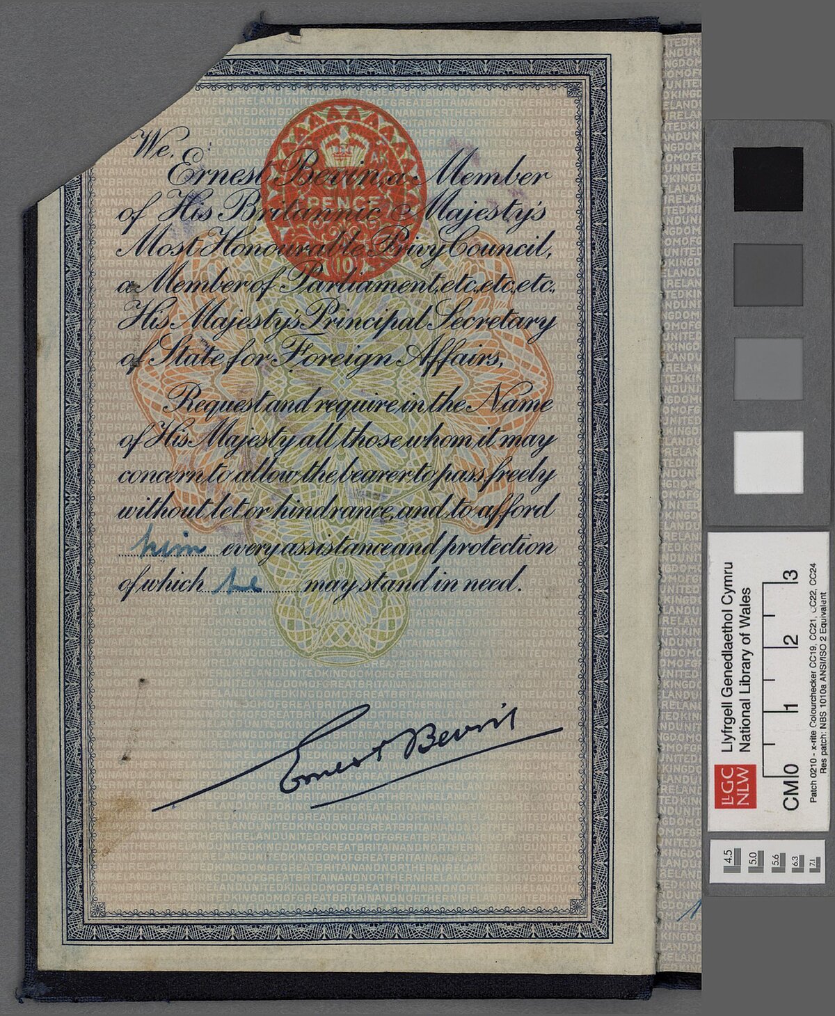 Page one of Dylan Thomas' passport.