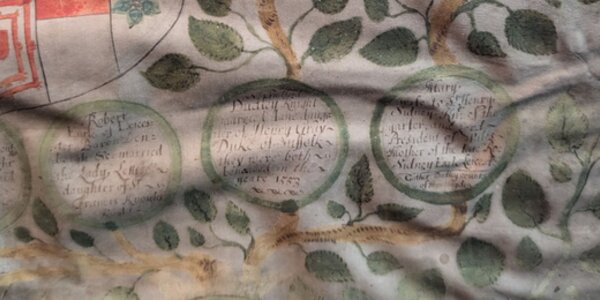 The Barons Dudley family tree showing branches, leaves some family names and a art of the Coat of Arms.