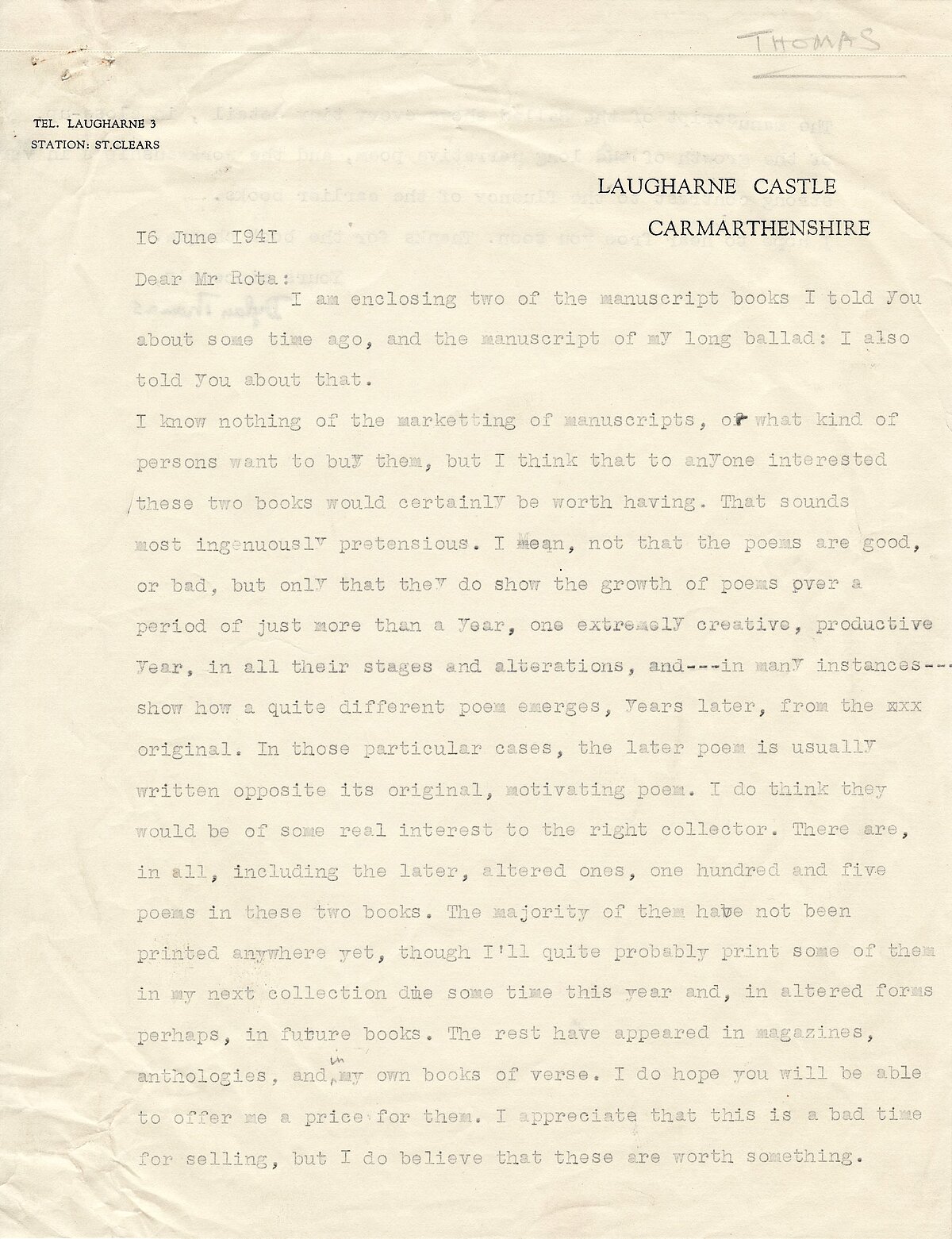 Letter from Dylan Thomas to Bertram Rota, 16 June 1941.