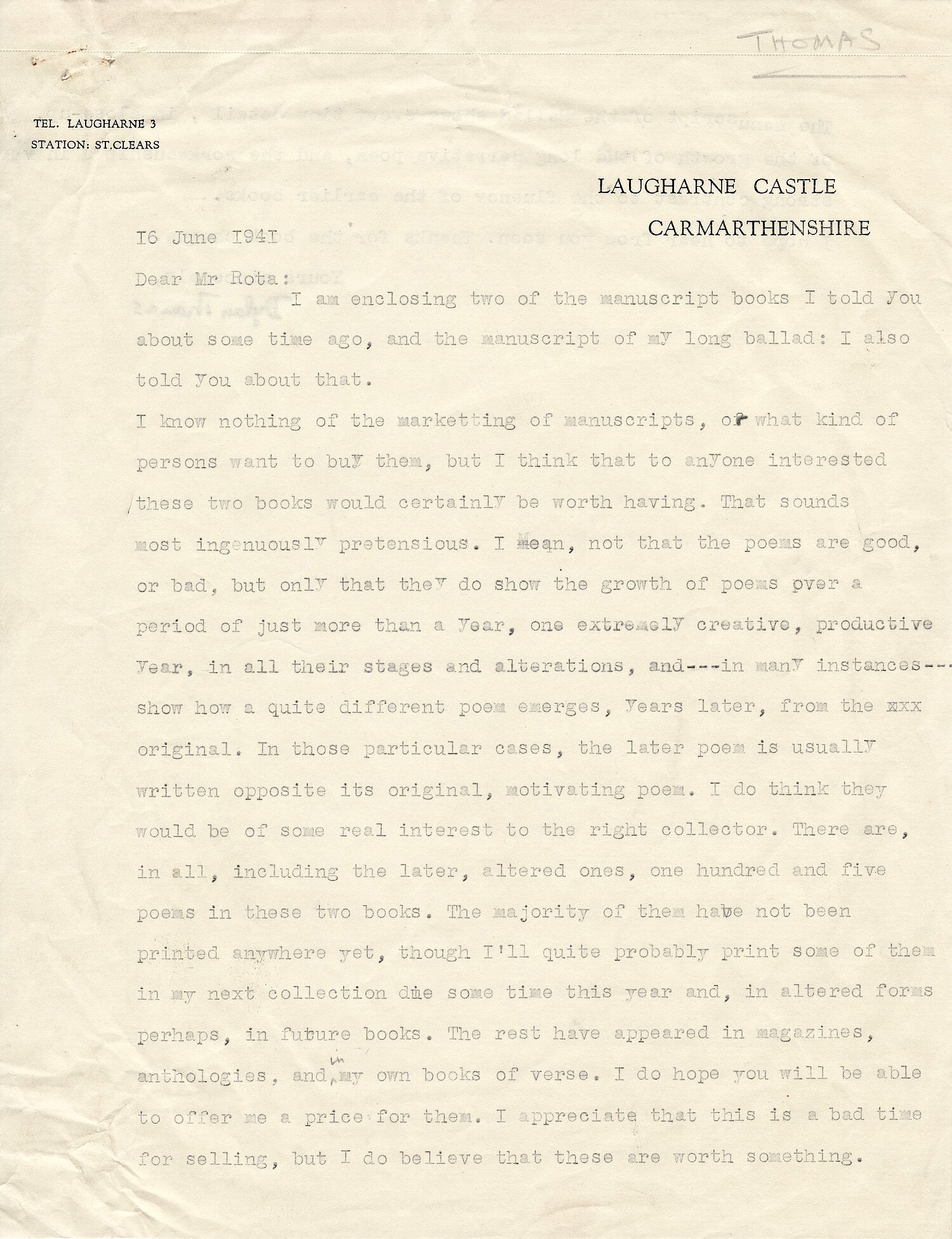 Letter from Dylan Thomas to Bertram Rota, 16 June 1941.