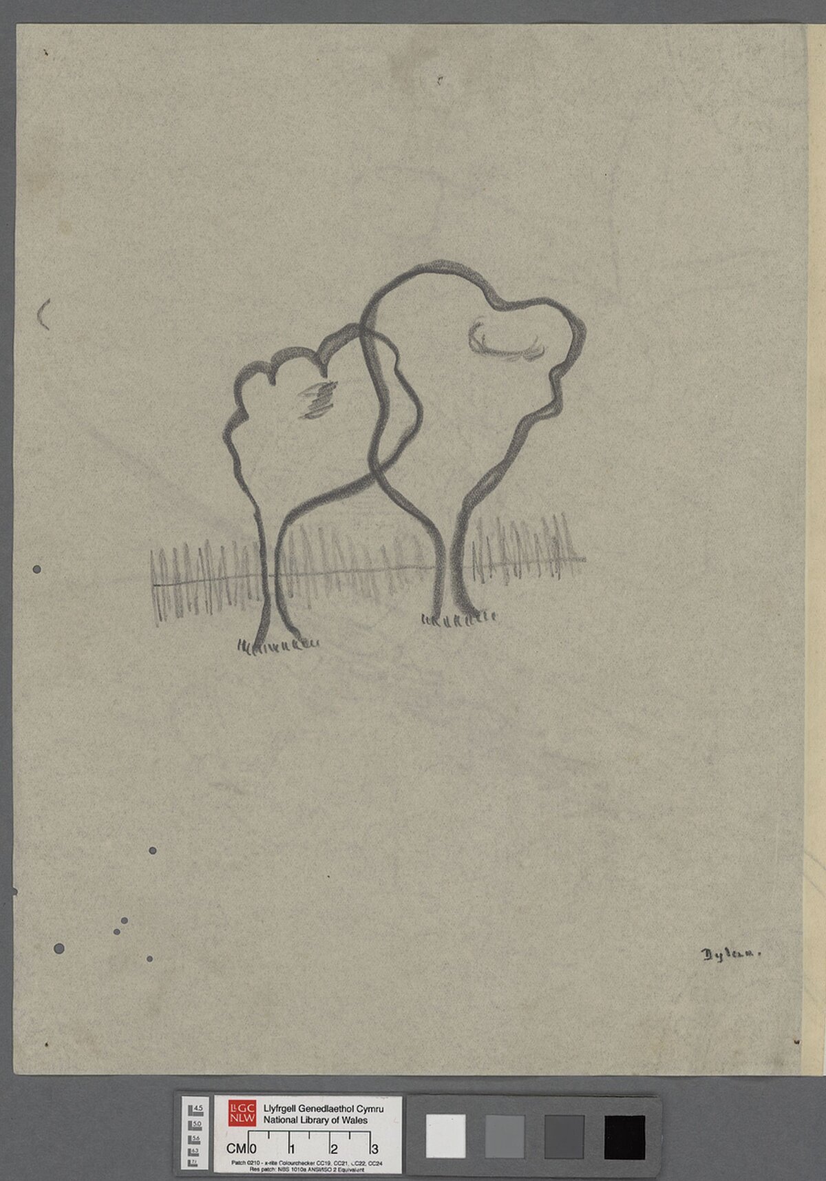 A drawing of trees in Dylan Thomas' hand.