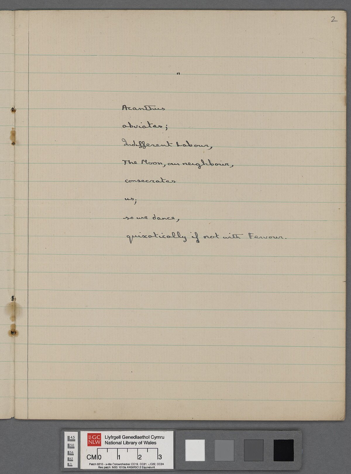 Ruled pages of an exercise book containing a stanza by Dylan Thomas. 