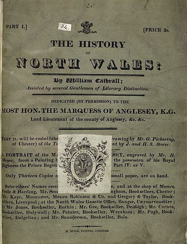Cover of William Cathrall's book "The History of North Wales- an example of a book in the school's library from The Cymmrodorion collection