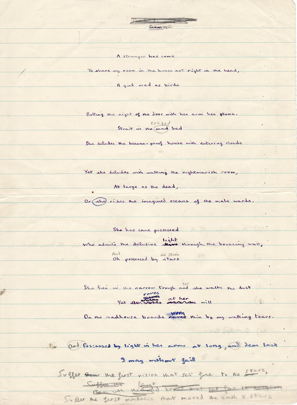 Draft of the poem 'Love in the Asylum'.